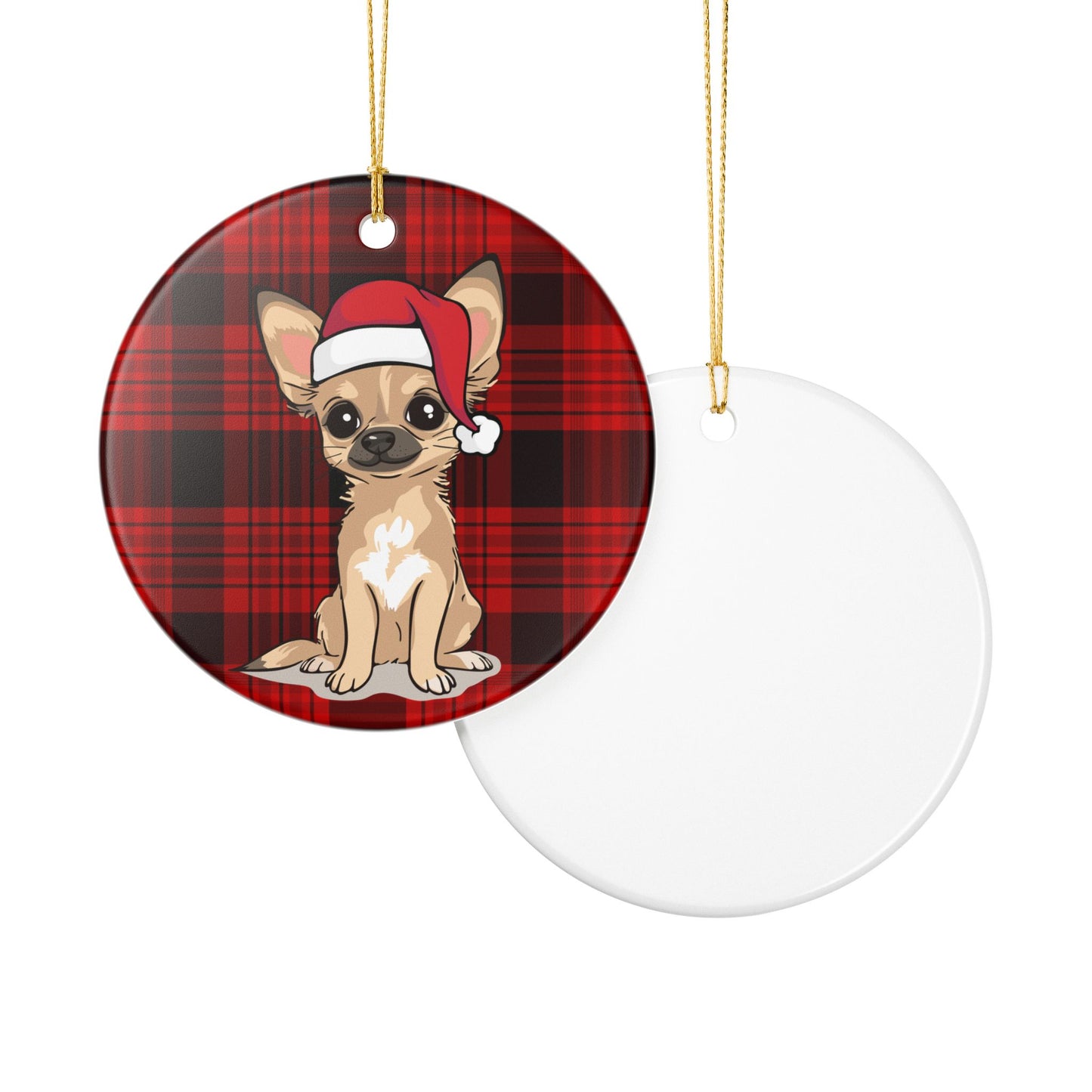 Santa Chihuahua Dog Christmas Tree Ornament, Xmas Dogs Holiday Decorations, Pet Lover Gift, Red Plaid Ceramic Ornaments