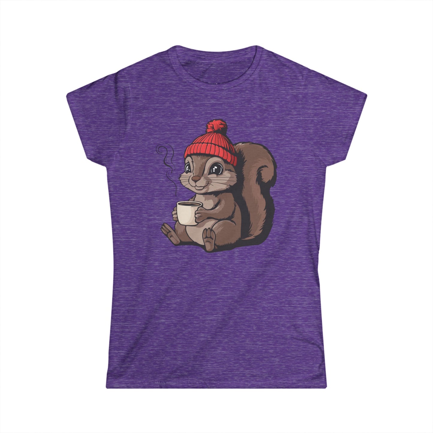 Cozy Squirrel Women's Soft T-shirt Softstyle Tee with Squirrel in Beanie with Cup Of Coffee Graphic Print