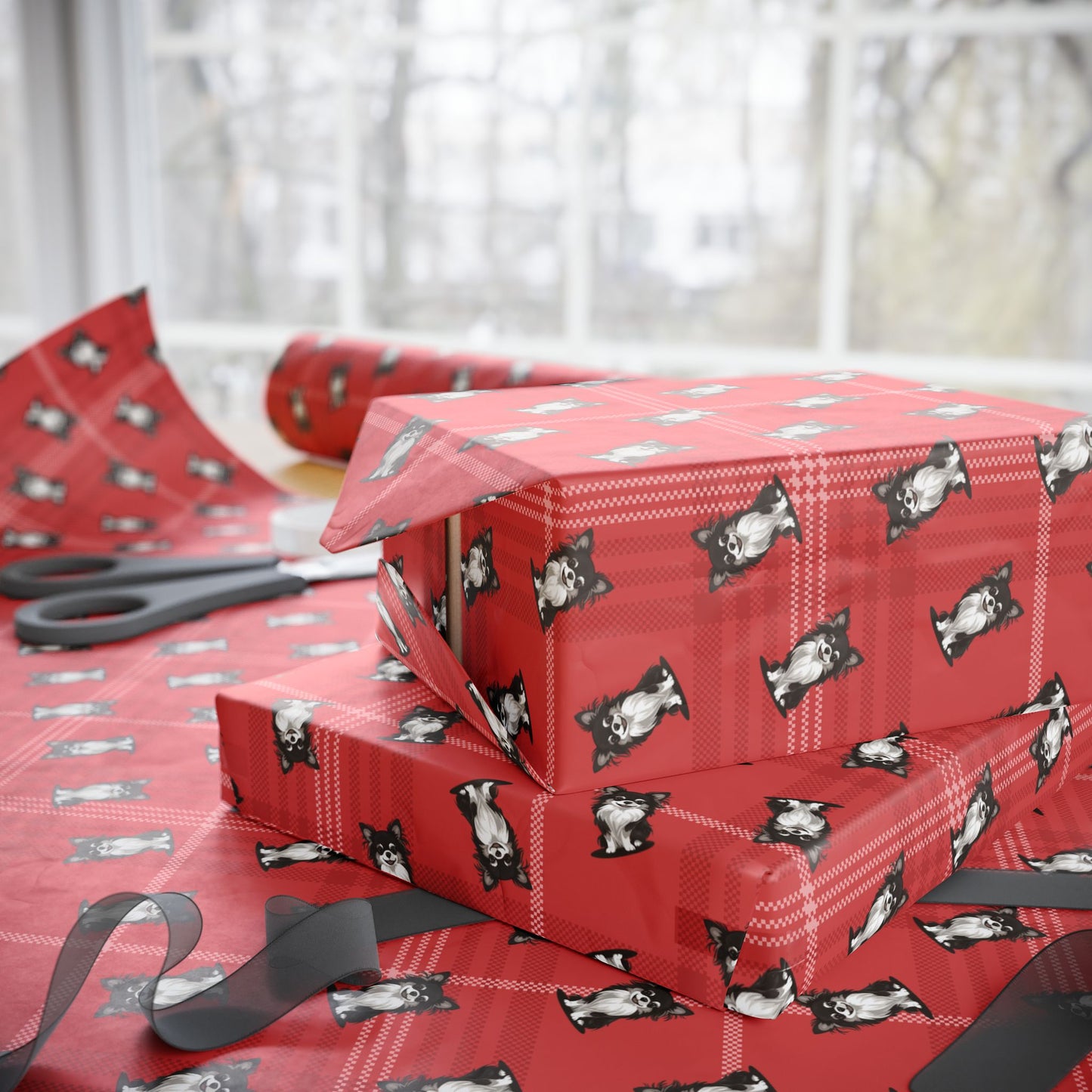 Long Haired Chihuahua Dog Wrapping Paper, Red Plaid Dogs Print Gift Wrap Roll, Chihuahuas Christmas Holiday Birthday Matte Wrapping Papers