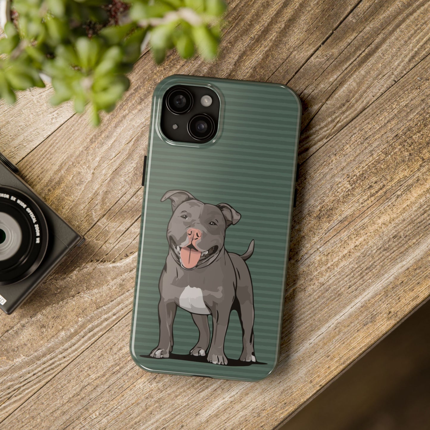 Gray Pit Bull Terrier Dog Phone Case, Tough Phone Cases Pet Pitbull Dogs Green Stripe Pattern