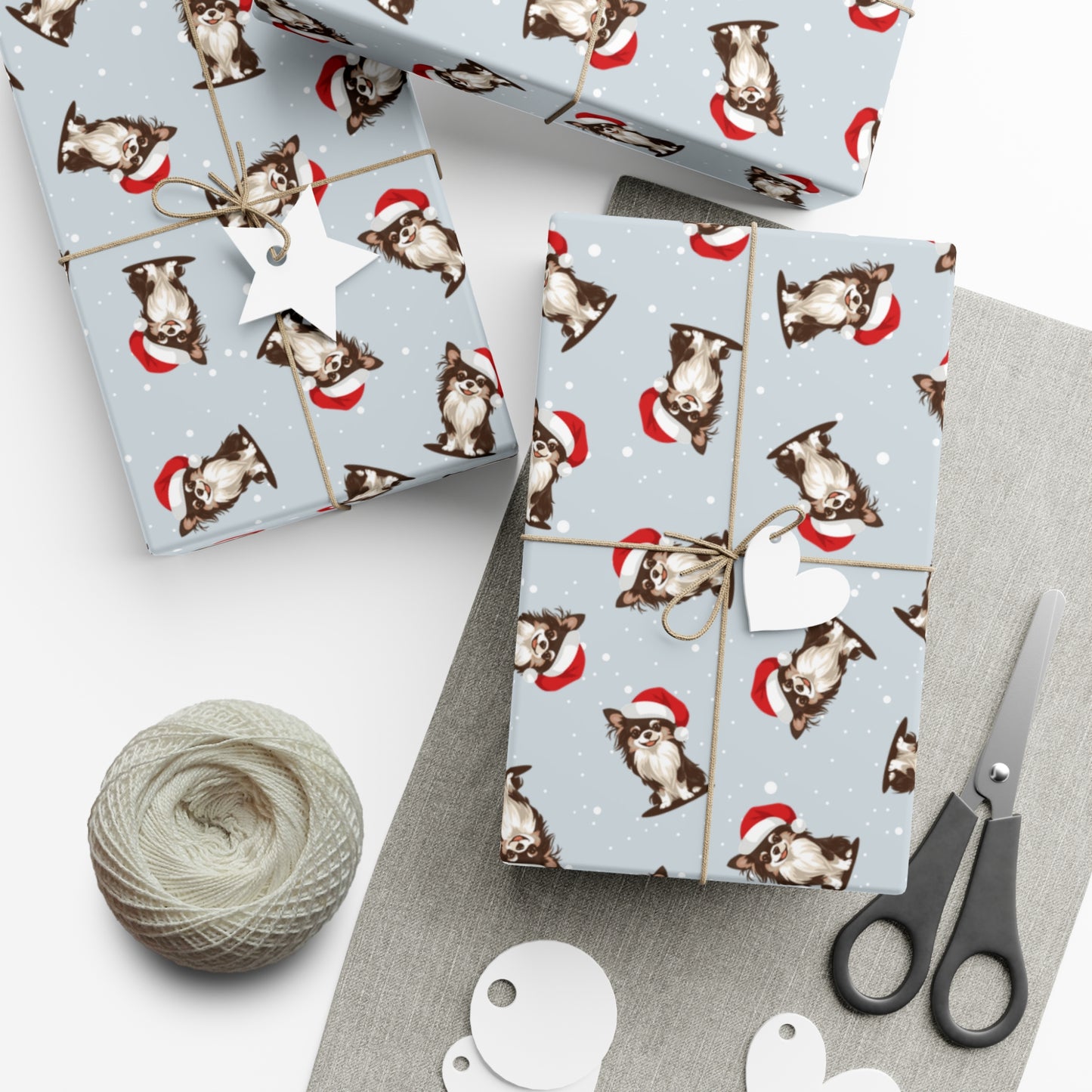 Long Haired Chihuahua Dog Christmas Wrapping Paper, Dogs Print, Cheery Holiday Gift Wrap With Snowy Xmas Puppy In Santa Hat