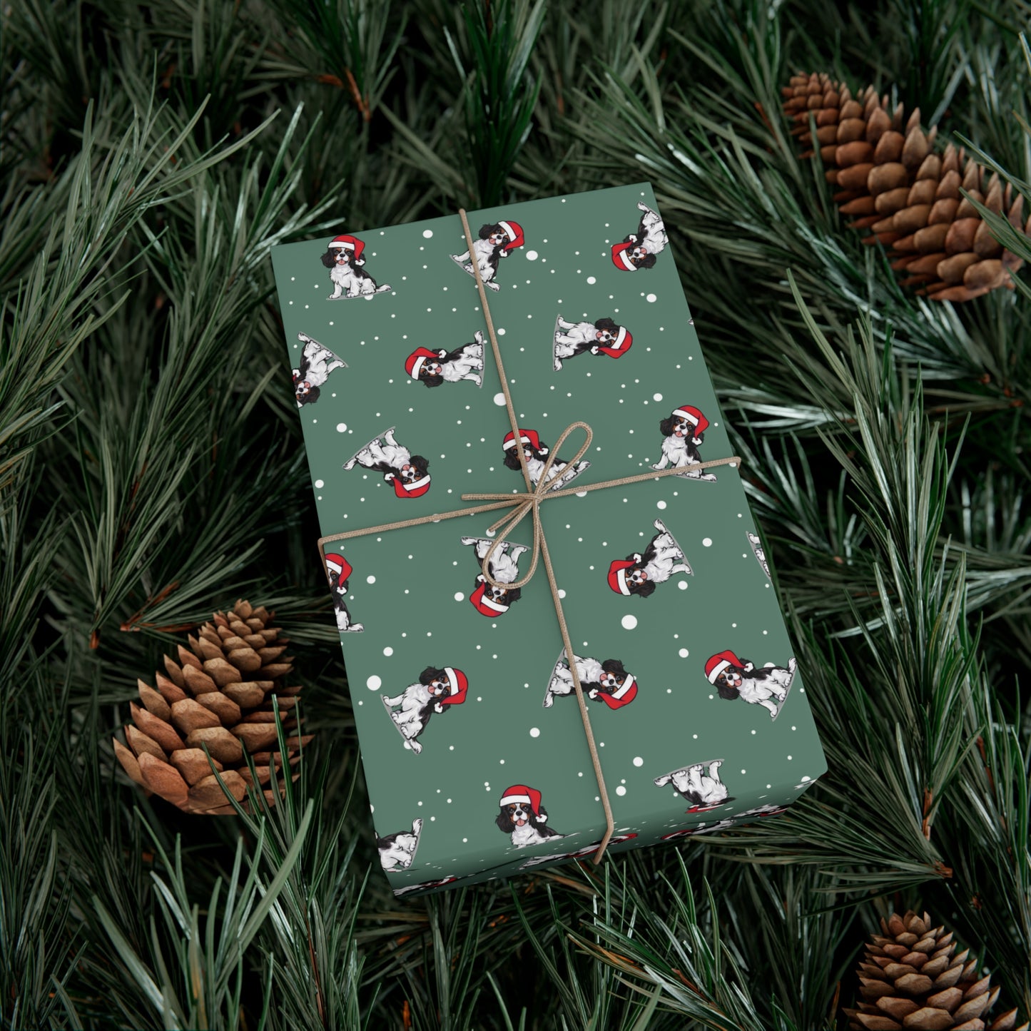 Cavalier King Charles Spaniel Dog Christmas Wrapping Paper, Dogs Print, Cheery Holiday Gift Wrap With Snowy Xmas Puppy In Santa Hat