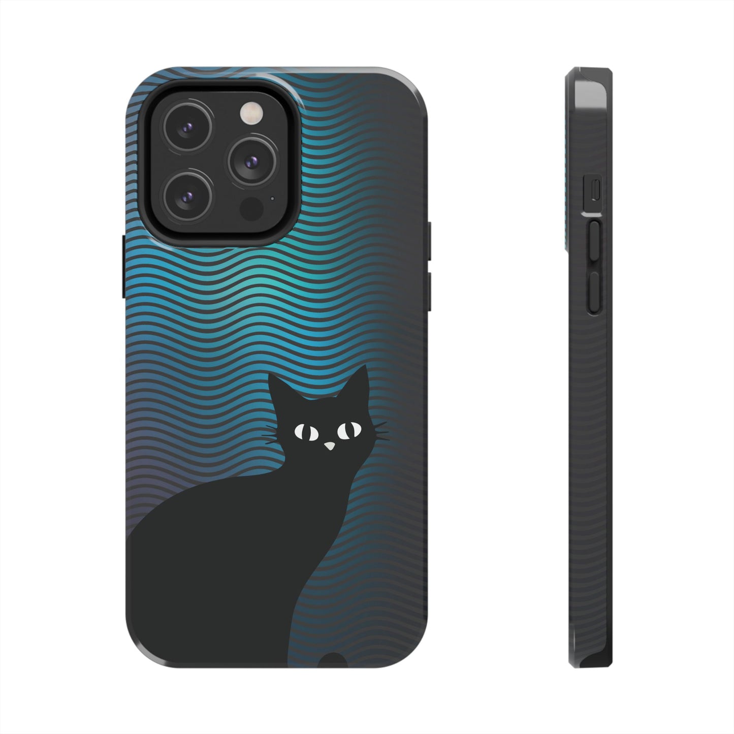 Black Cat Cell Phone Case | Peeking Kitty Graphic on Wavy Teal Background