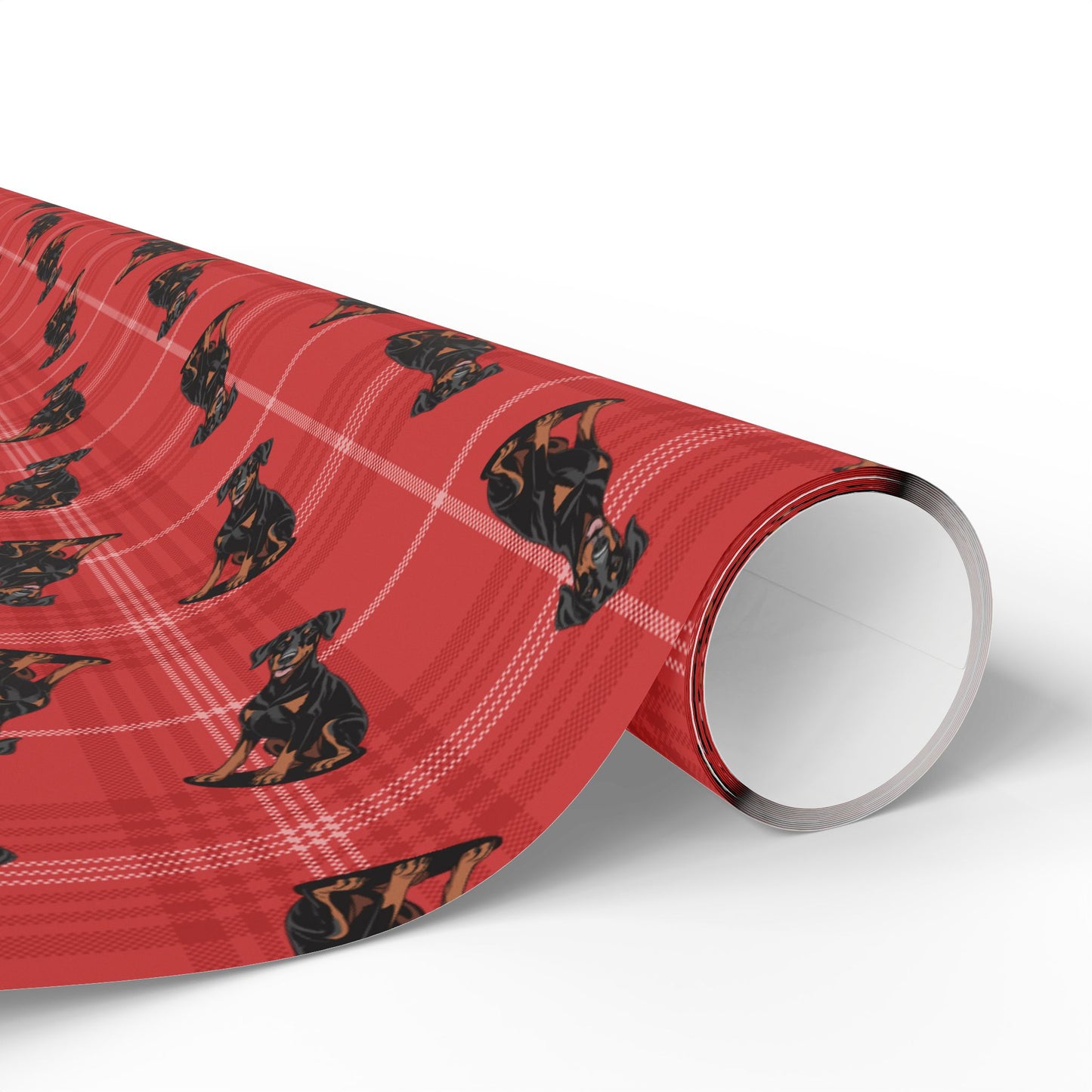 Doberman Pinscher Dog Pattern Wrapping Paper, Red Plaid Holiday Gift Wrap Roll, Birthday Anniversary Xmas Gifts, Matte Finish