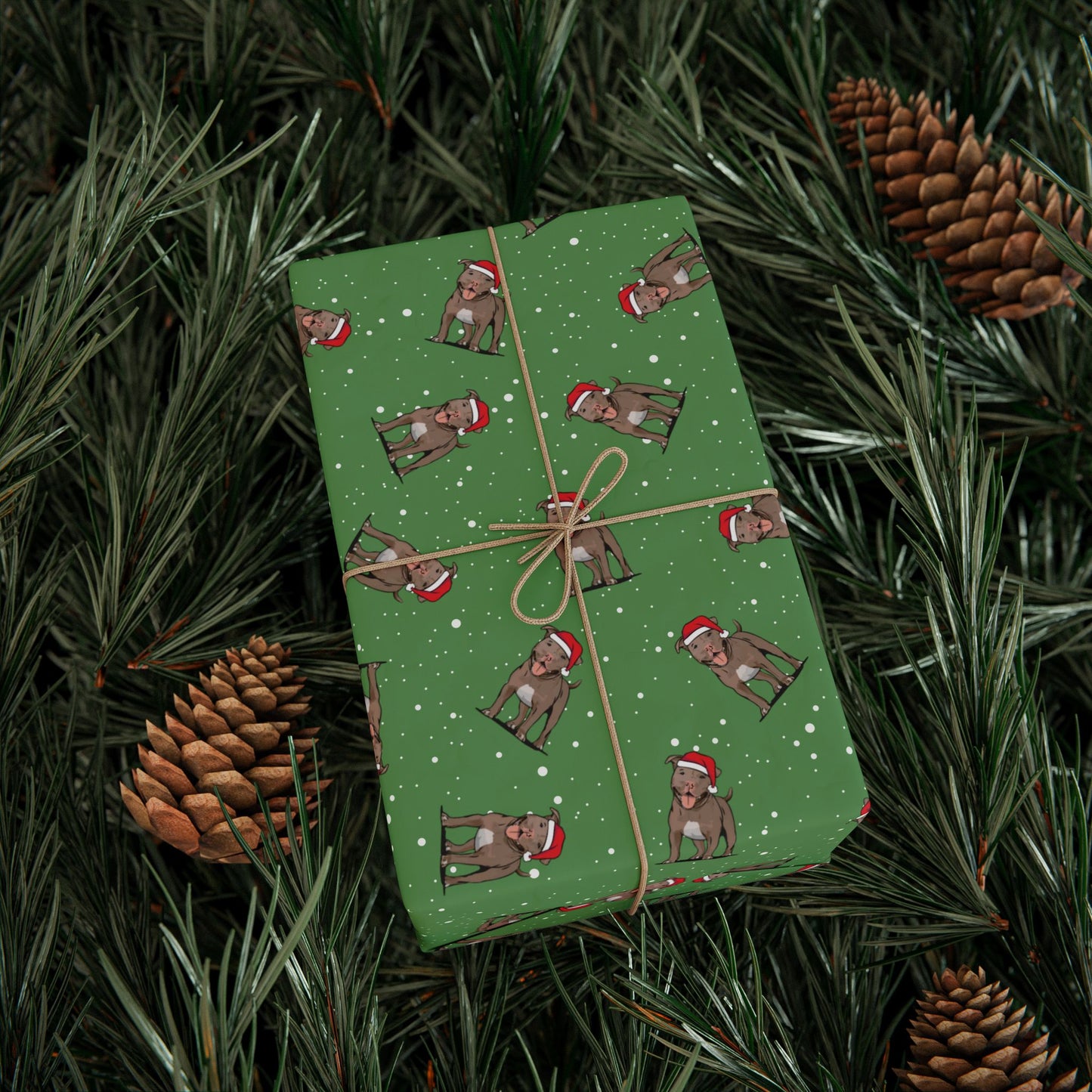 Christmas Pitbull Wrapping Paper - Holiday Gift Wrap Papers, Pit Bull Terrier Dog Owner Gifting Supplies, Santa Pittie Dogs Green Pattern