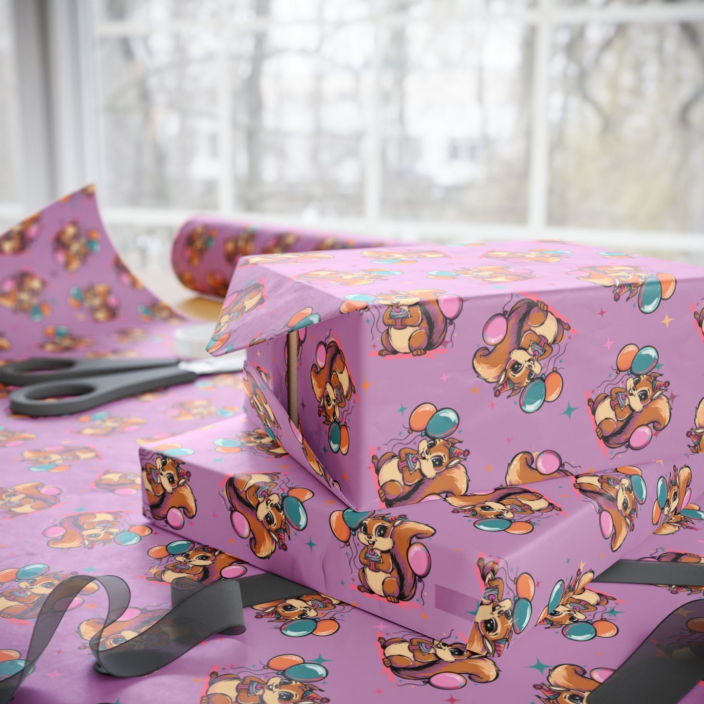 Happy Birthday Party Squirrel Gift Wrap, Cute Purple Squirrels Balloons Cupcake Wrapping Paper Celebration Squirrels B-day Gift