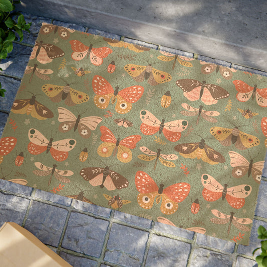 Flutter Frolic Moth, Butterfly, Dragonly Bugs Print Eco-Friendly Coconut Fiber Welcome Entry Doormat with Moths and Insects Print