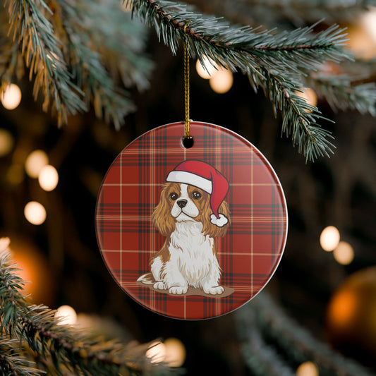 Cavalier King Charles Spaniel Dog Christmas Tree Ornament, Santa Dogs Holiday Decorations, Pet Lover Gift, Red Plaid Ceramic Ornaments