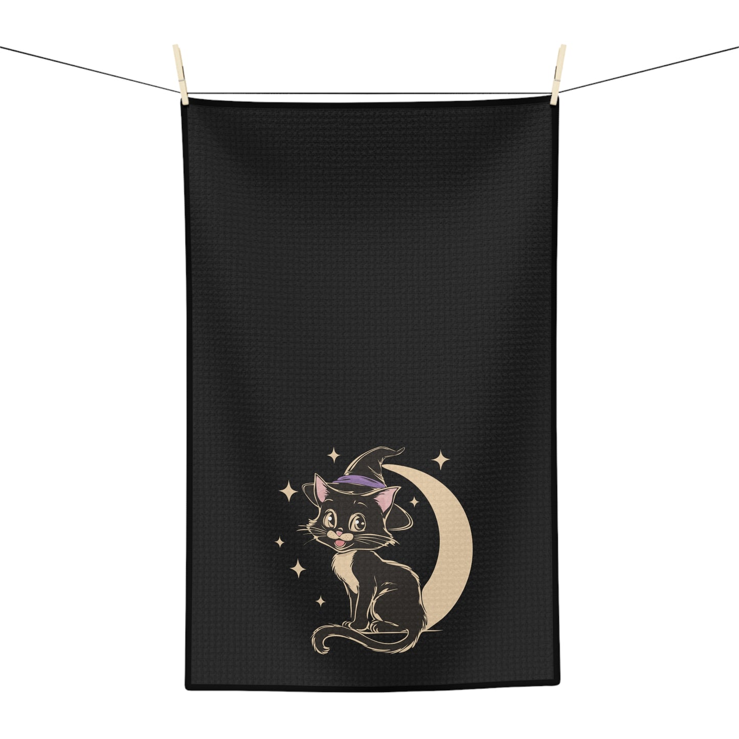 Witchy Kitty Microfiber Kitchen Hand Tea Towel with Spooky Halloween Black Cat with Witch Hat and Moon Print