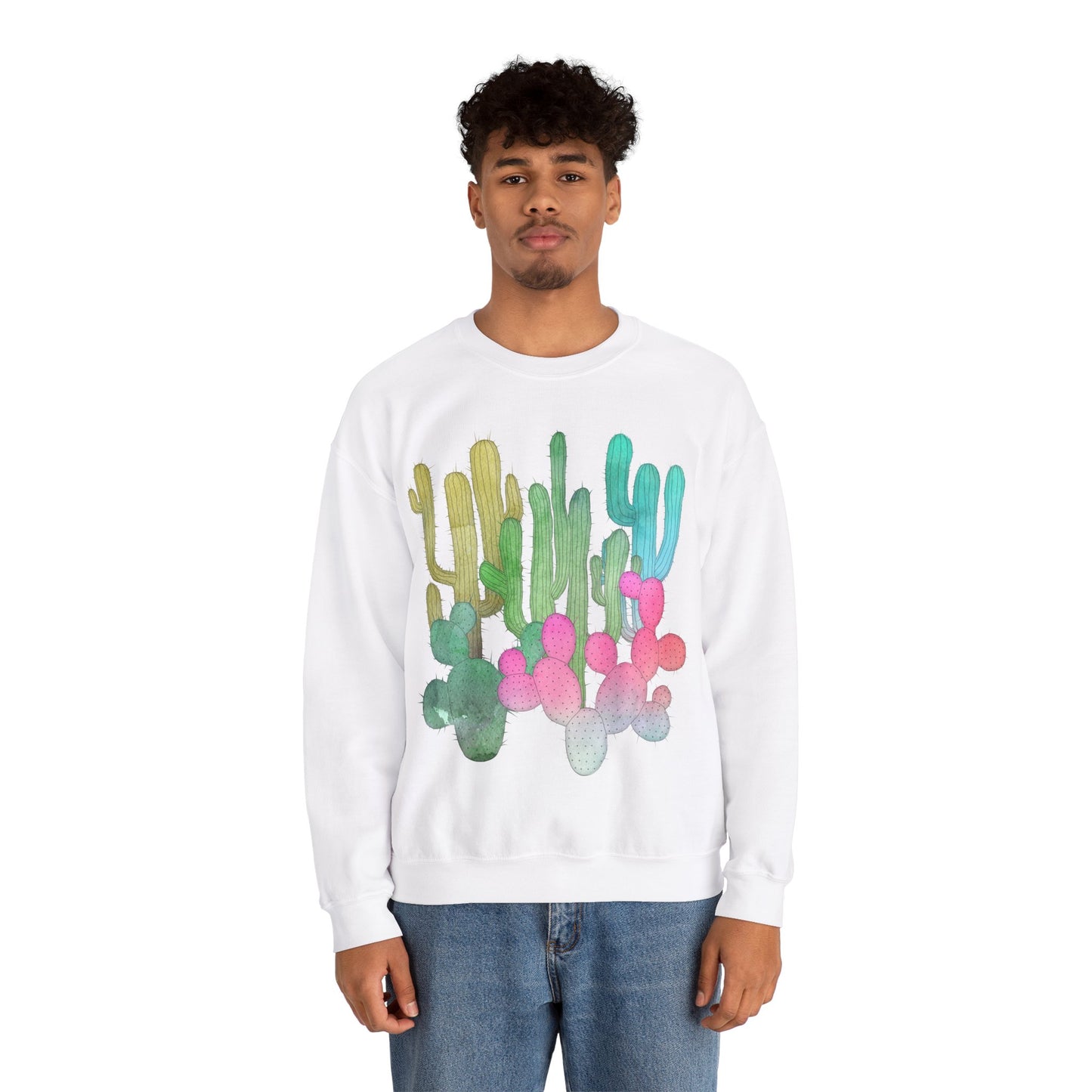 Cactus Garden Arizona Desert Crewneck Pullover Sweatshirt Colorful Saguaro Cactus Print