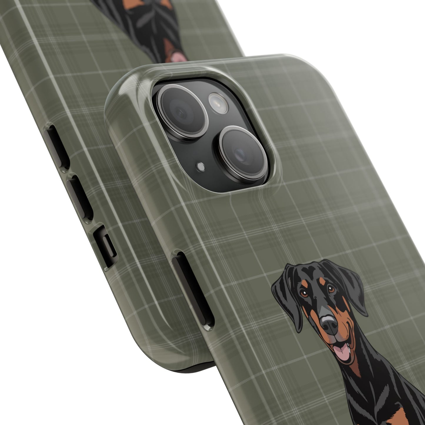 Doberman Pinscher Dog Phone Case, Tough Phone Cases Pet Dogs Green Plaid Pattern