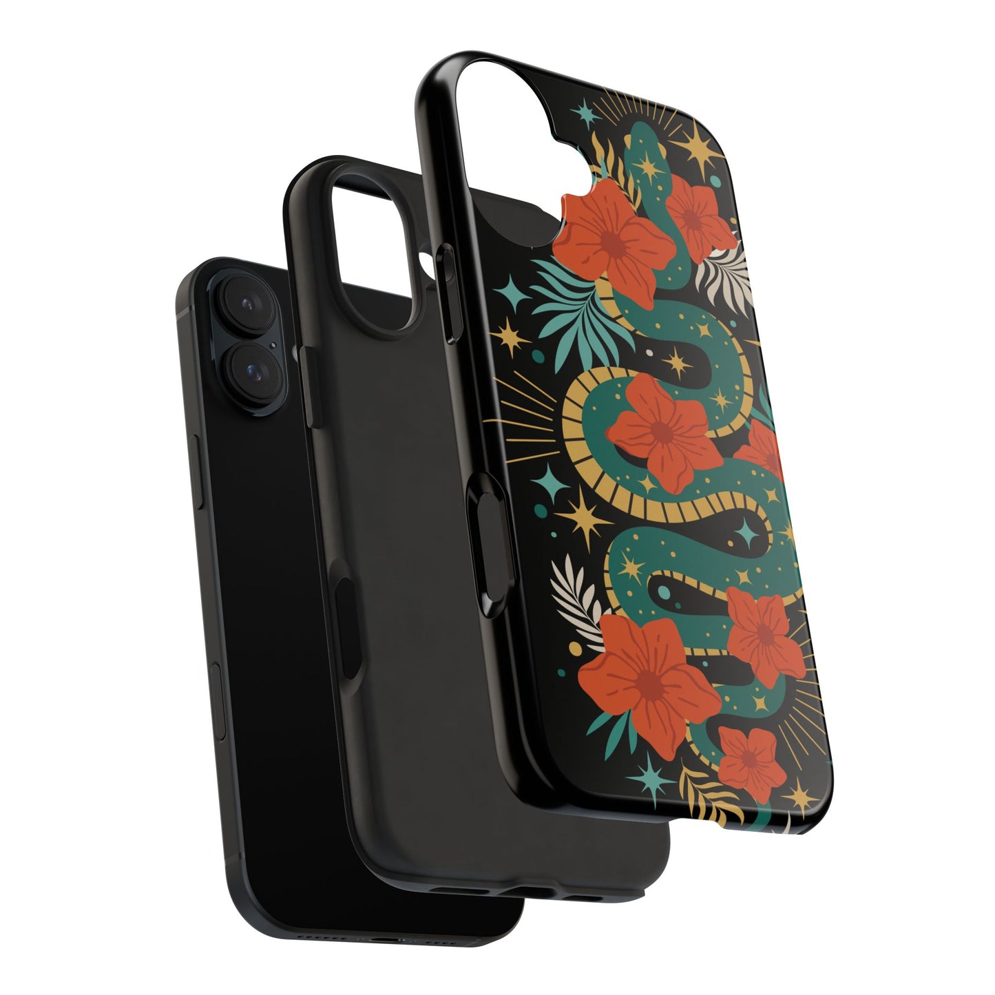 Mystic Snake Cell Phone Case, Black Tough Phone Cases Boho Serpent Snakes Floral Design