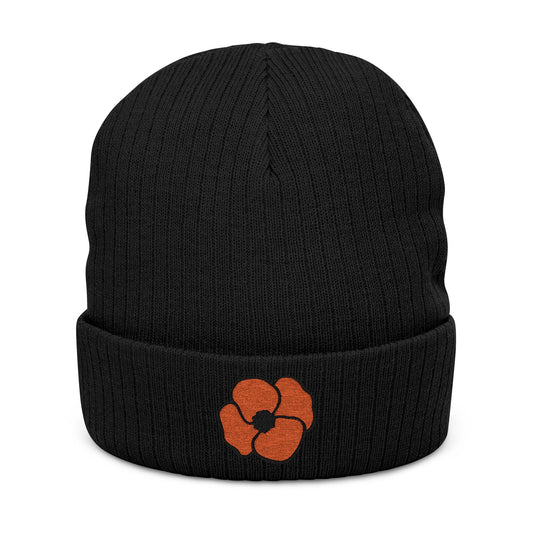 Poppy Flower Beanie, Floral Poppy Embroidered Ribbed Knit Hat Cap, Gift for Her, Women's Fashion Accessory
