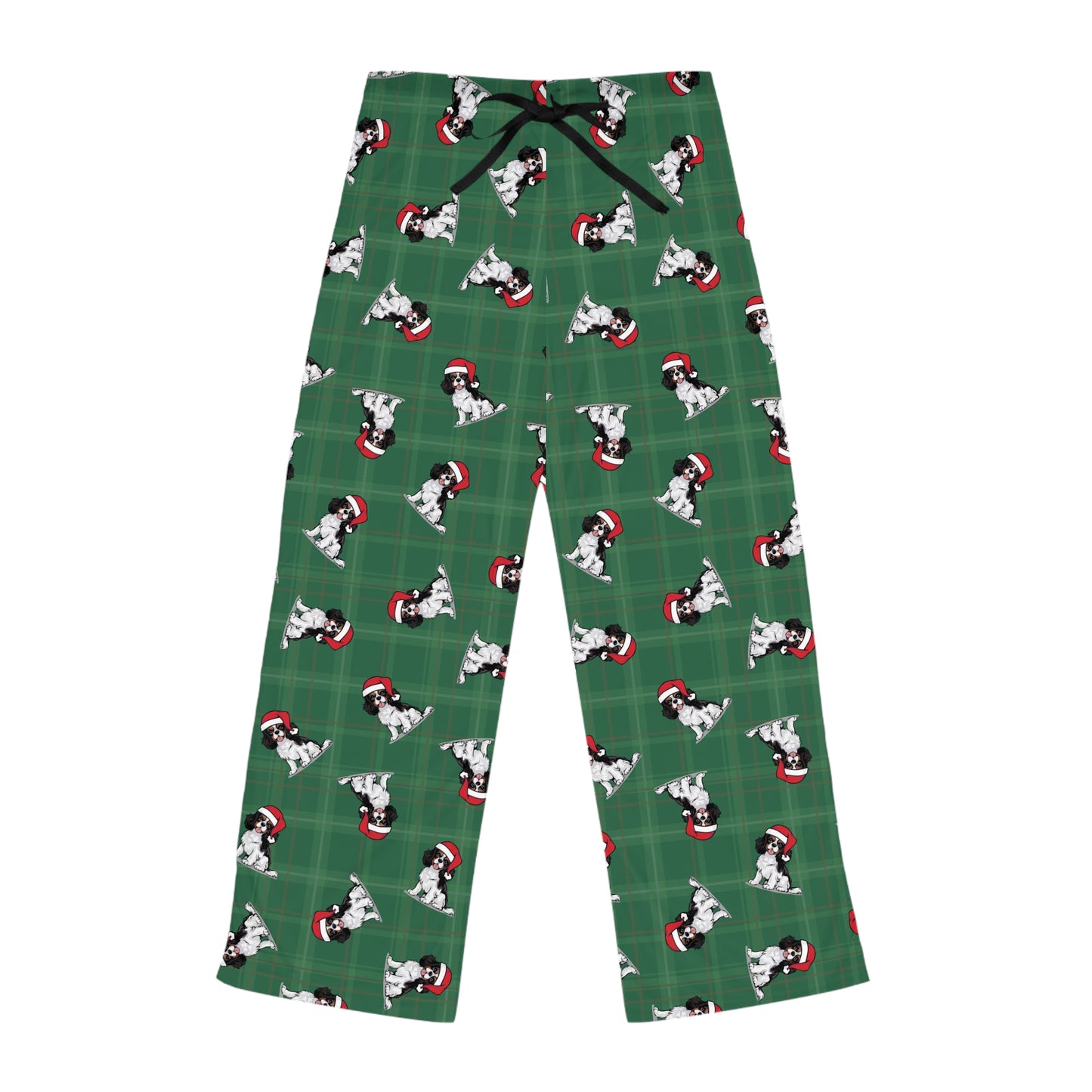 Tricolor Cavalier King Charles Spaniel Dog Womens Christmas Pajama Pants, Santa Dogs Green PJ Bottoms