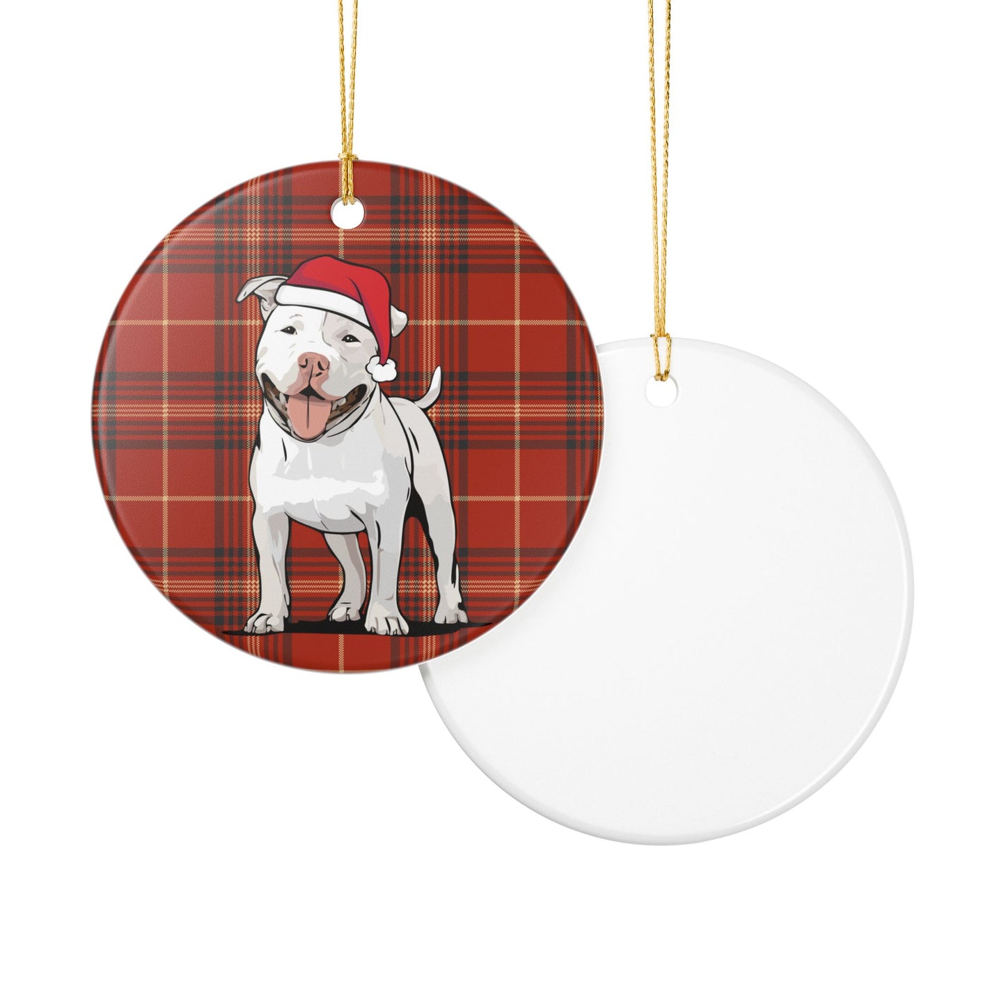 Santa Pit Bull Dog Christmas Tree Ornament, Xmas Pitbull Dogs Holiday Decorations, Pet Lover Gift, Red Plaid Ceramic Ornaments