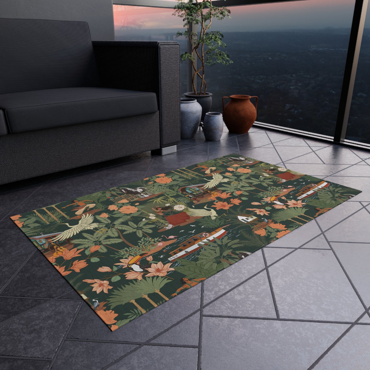 Tropical Nomad Jungle Pattern Outdoor Rug | Botanical Palms & Birds Pattern Patio Deck Rugs