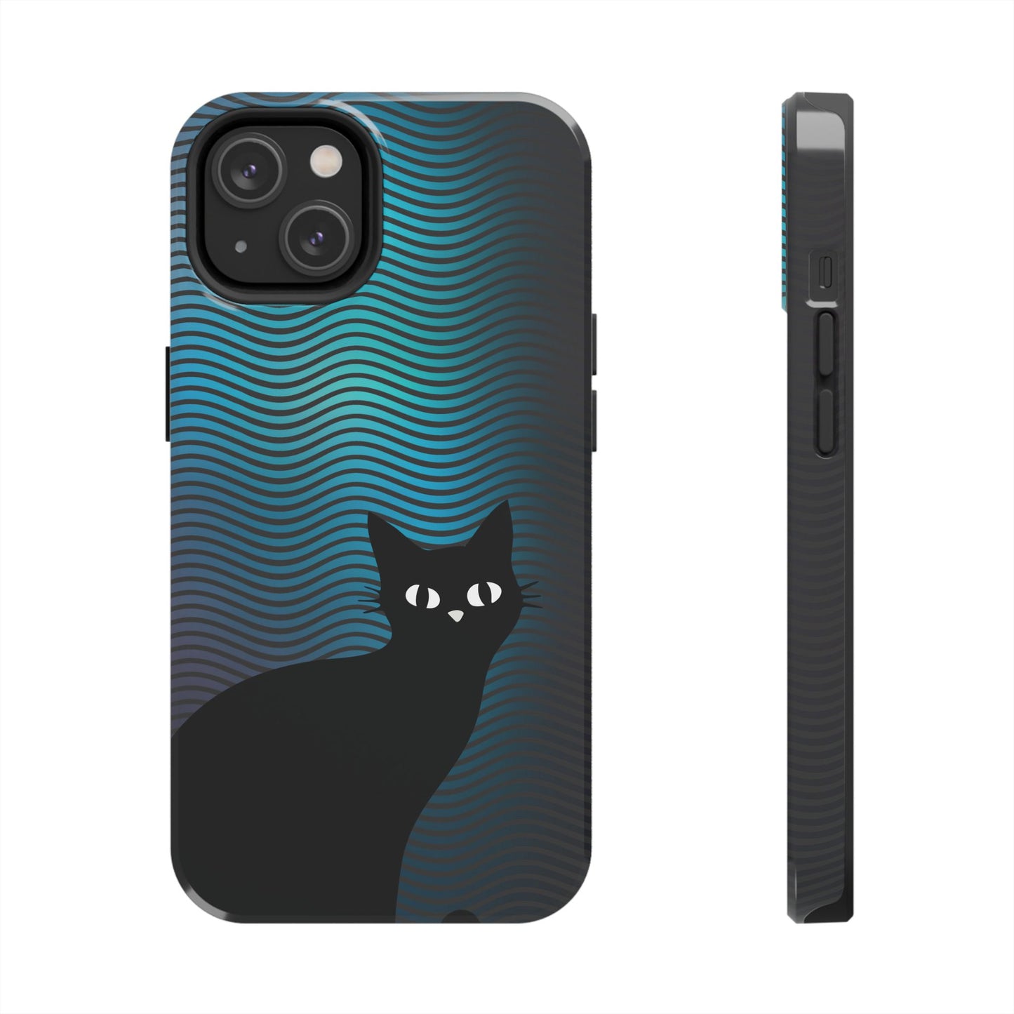 Black Cat Cell Phone Case | Peeking Kitty Graphic on Wavy Teal Background