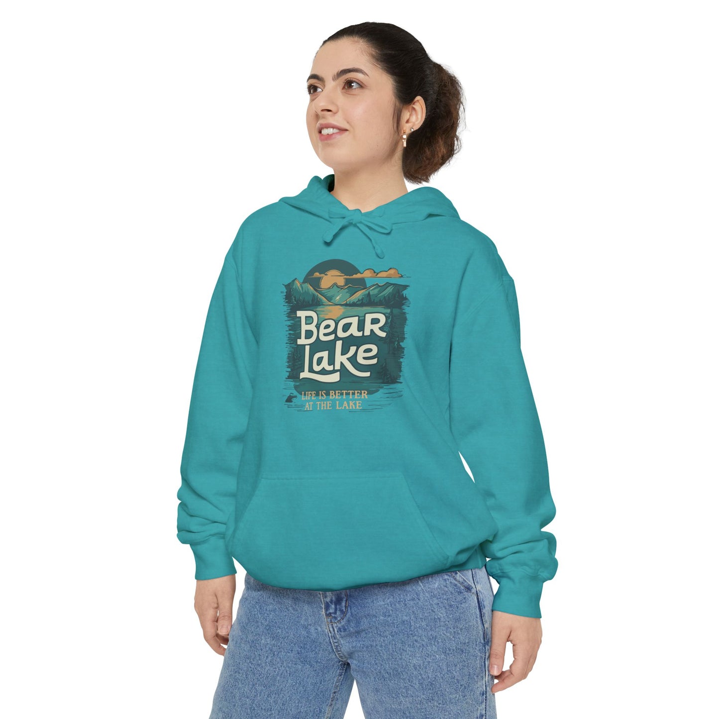 Bear Lake Scenic Mountain View Unisex Garment-Dyed Pullover Hoodie Hooded Sweatshirt with Utah Idaho Vacation Destination