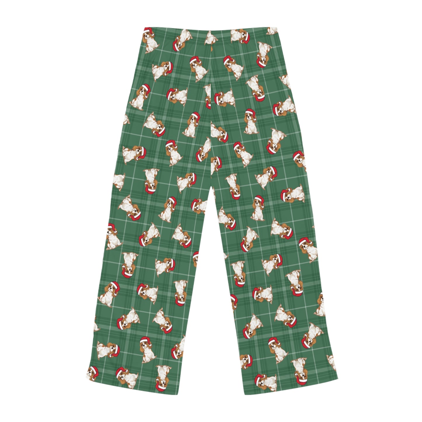 Blenheim Cavalier King Charles Spaniel Dog Womens Christmas Green Plaid Pajama Pants, Santa Dogs PJ Bottoms