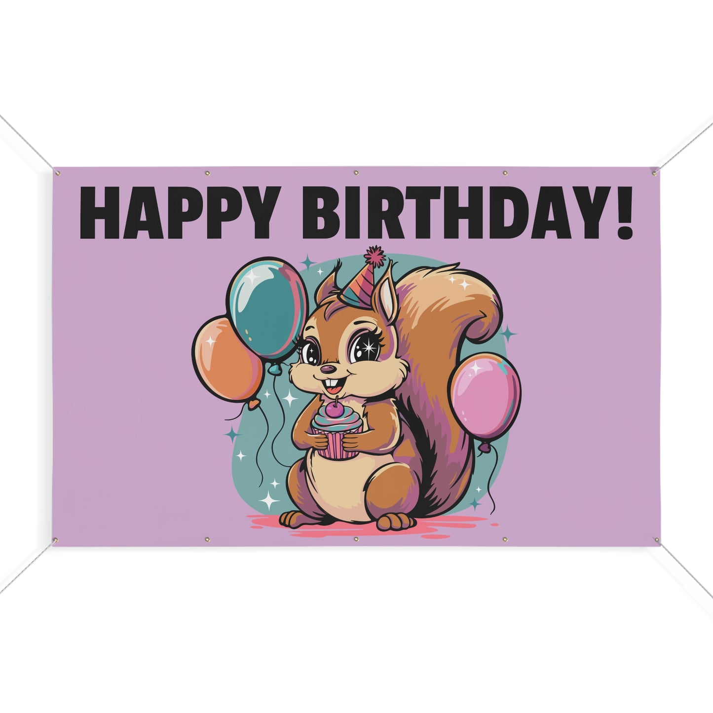 Happy Birthday Party Squirrel Banner Sign Purple Squirrels Balloons Cupcake Celebration Squirrels B-day Banners Decorations