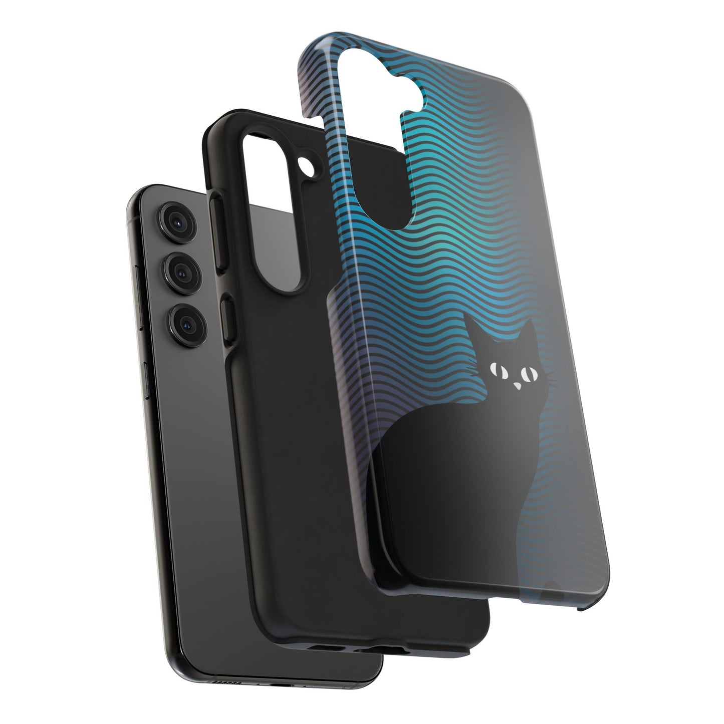 Black Cat Cell Phone Case | Peeking Kitty Graphic on Wavy Teal Background