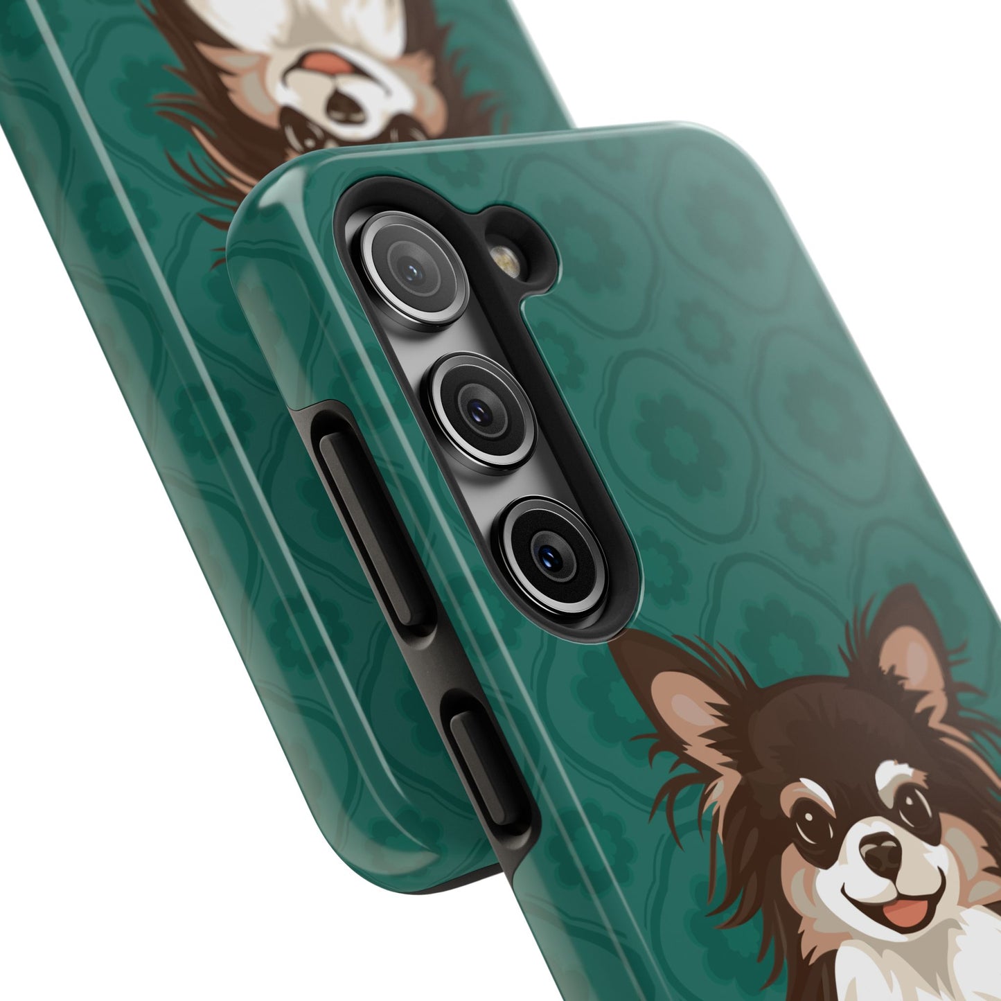 Long Haired Chihuahua Dog Phone Case, Tough Phone Cases Pet Dogs Teal Pattern