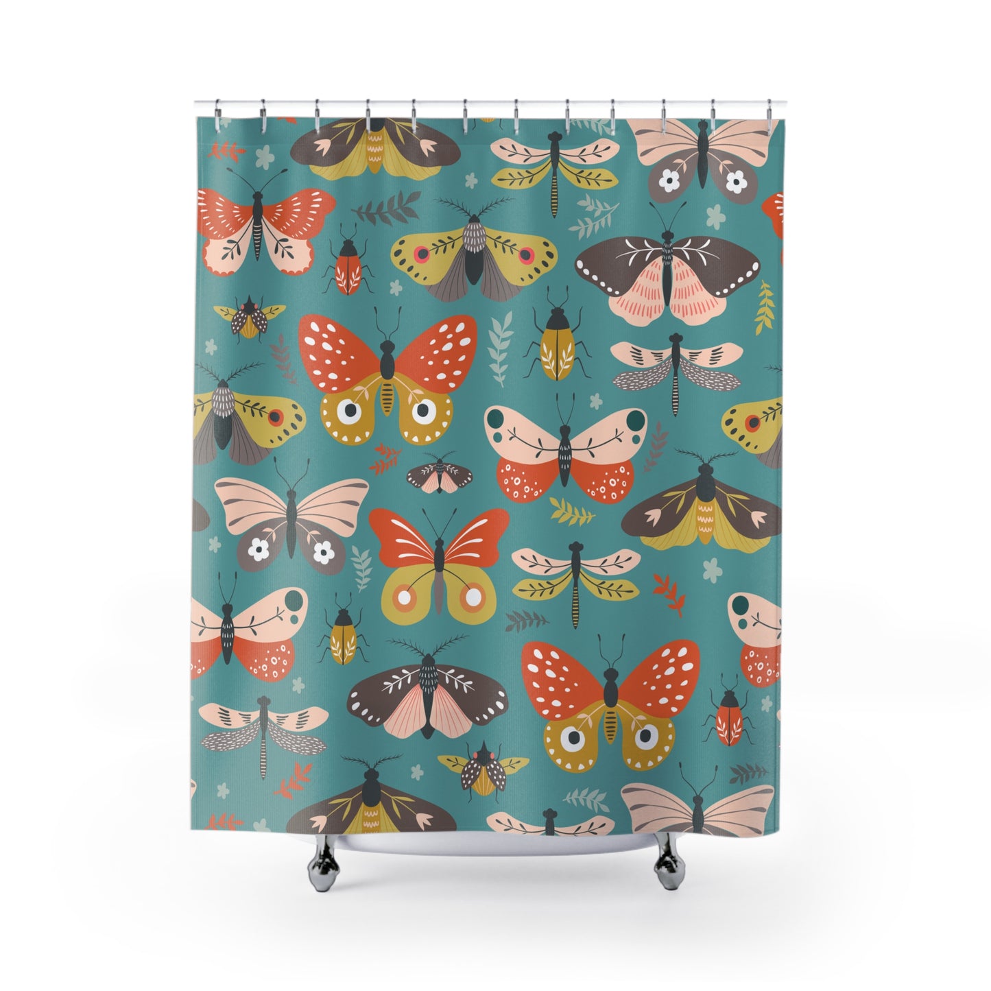 Flutter Frolic Moth Butterfly and Little Insects Bathroom Shower Curtain with Fun Bug and Moths Pattern Print