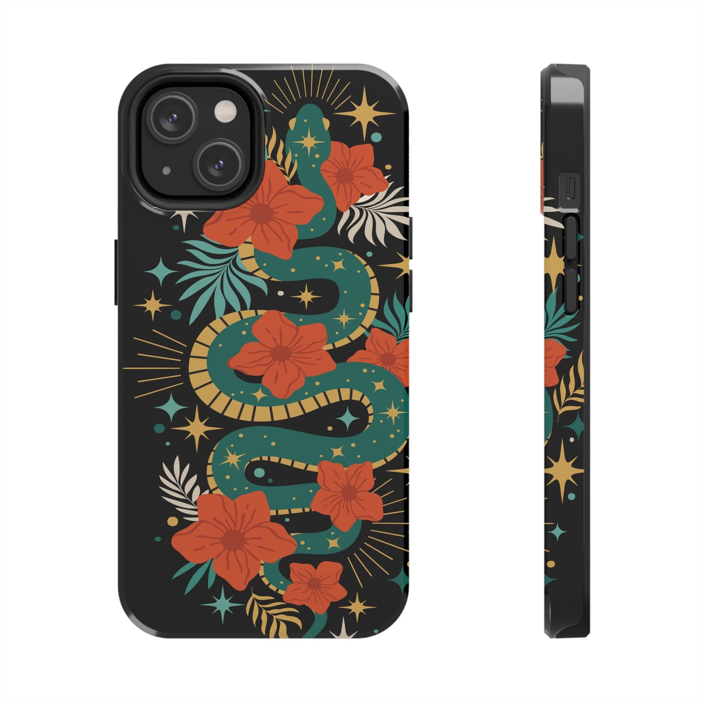 Mystic Snake Cell Phone Case, Black Tough Phone Cases Boho Serpent Snakes Floral Design