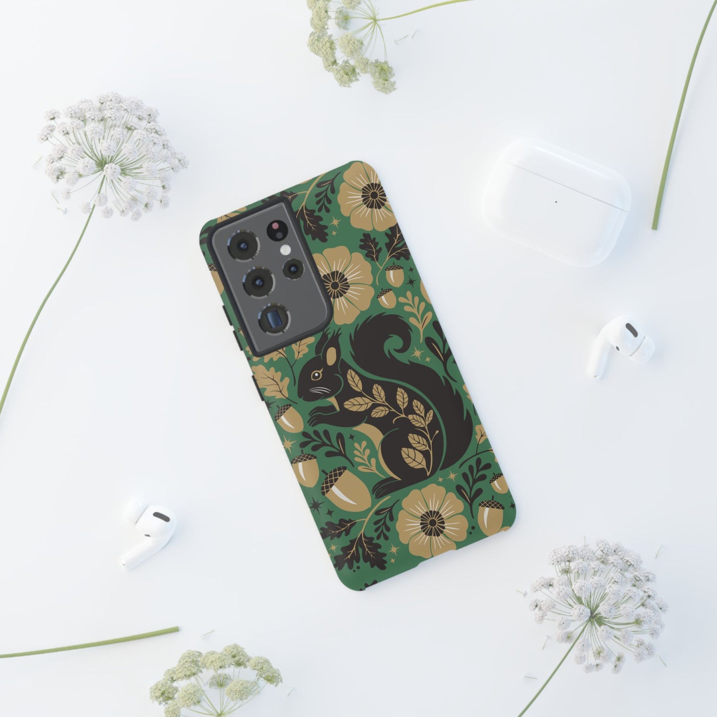 Green Squirrel Floral Pattern Cell Phone Case | Botanical Folk Art Acorn Leaves Design, Iphone Google Pixel Samsung Cases Matte Finish