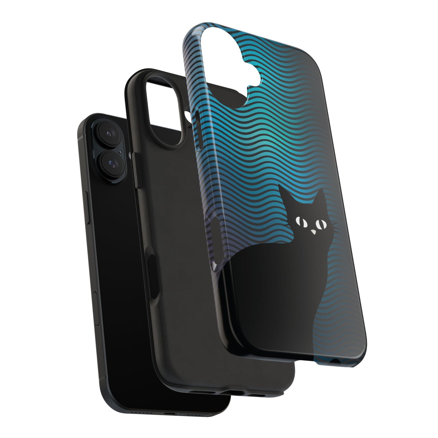 Black Cat Cell Phone Case | Peeking Kitty Graphic on Wavy Teal Background
