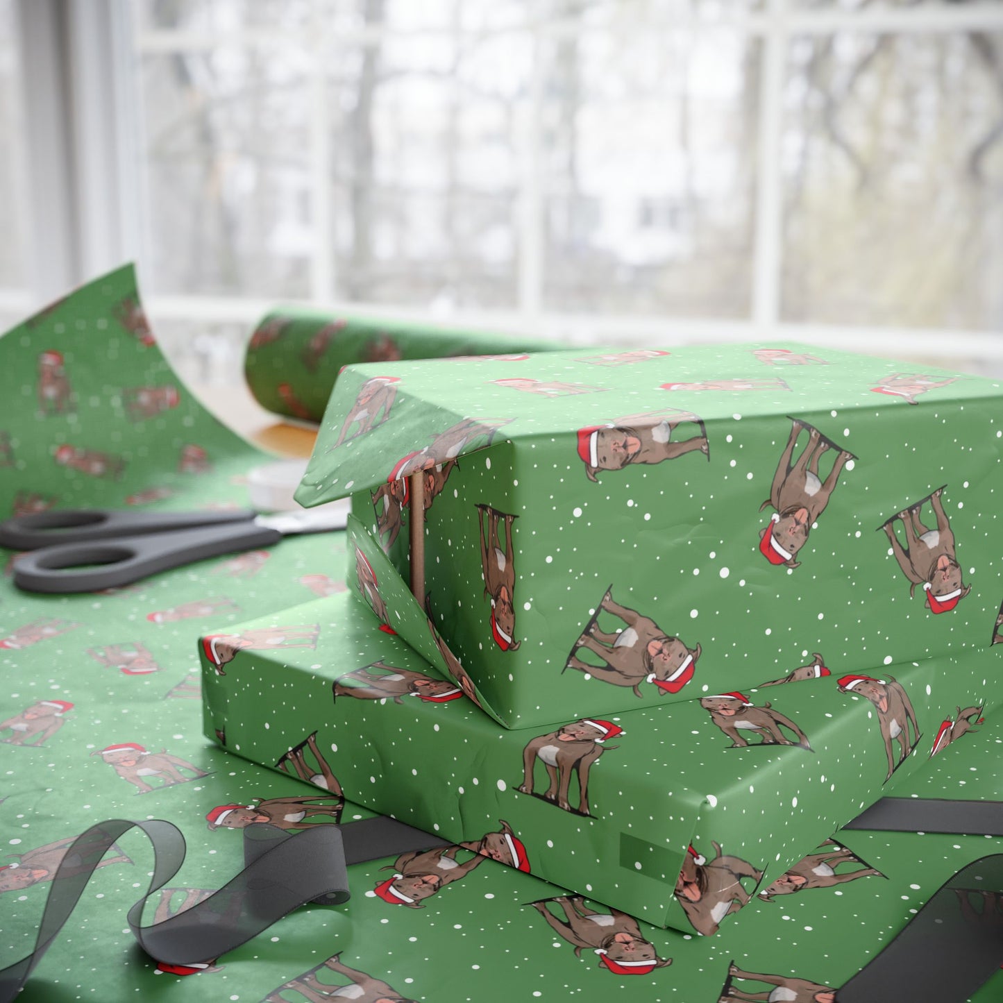 Christmas Pitbull Wrapping Paper - Holiday Gift Wrap Papers, Pit Bull Terrier Dog Owner Gifting Supplies, Santa Pittie Dogs Green Pattern