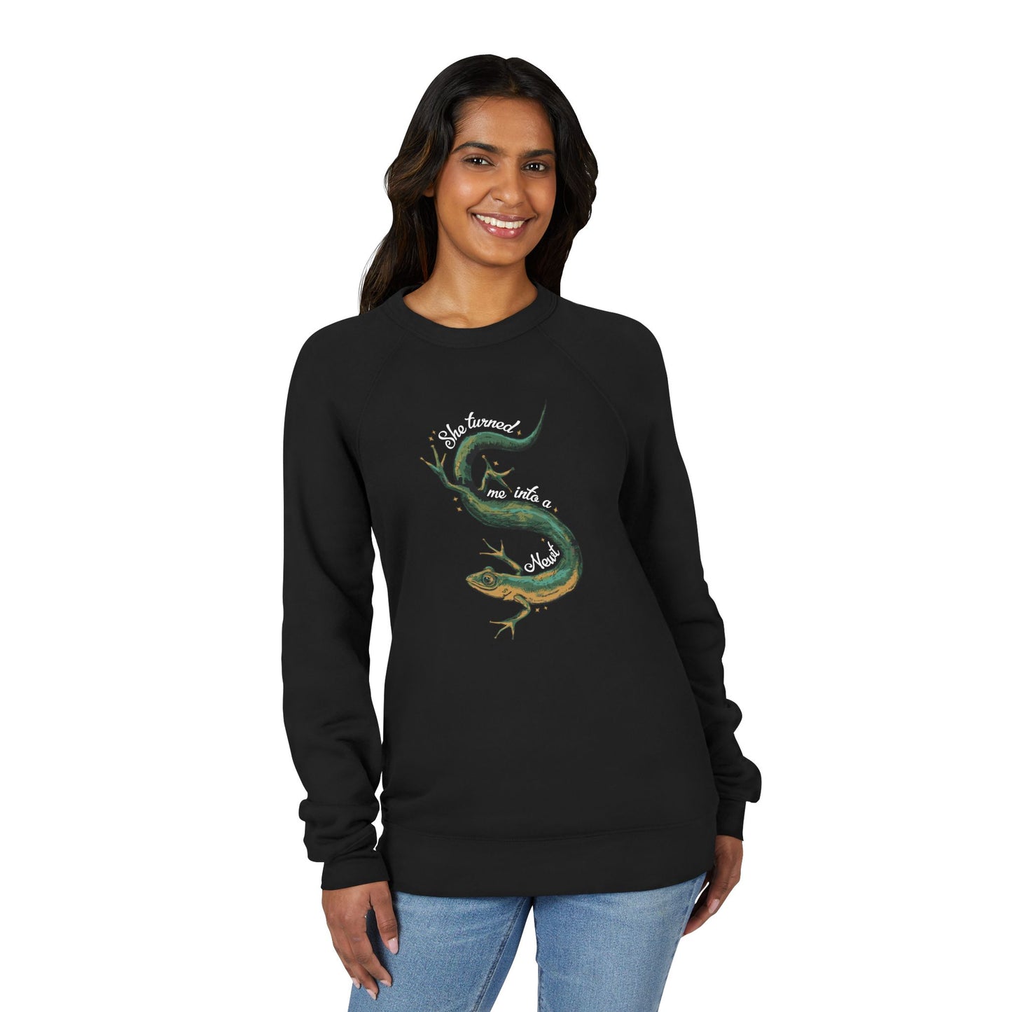 She Turned Me Into A Newt Raglan Sweatshirt, Black Long Sleeve Fleece Sweater Funny Newts Design Graphic Top
