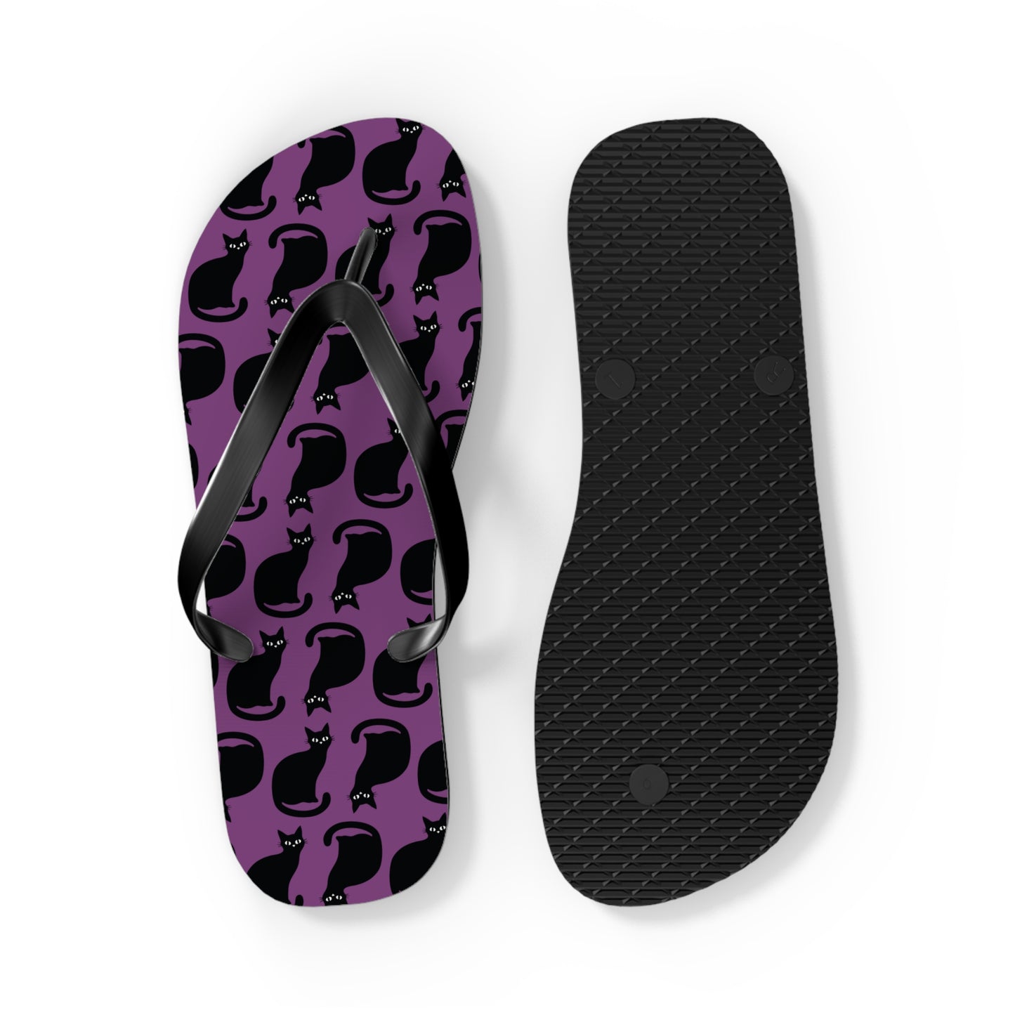 Black Cat Pattern Flip Flops | PurpleGoth Cat Silhouette Beach Sandals, Halloween Spooky Gothic Summer Footwear