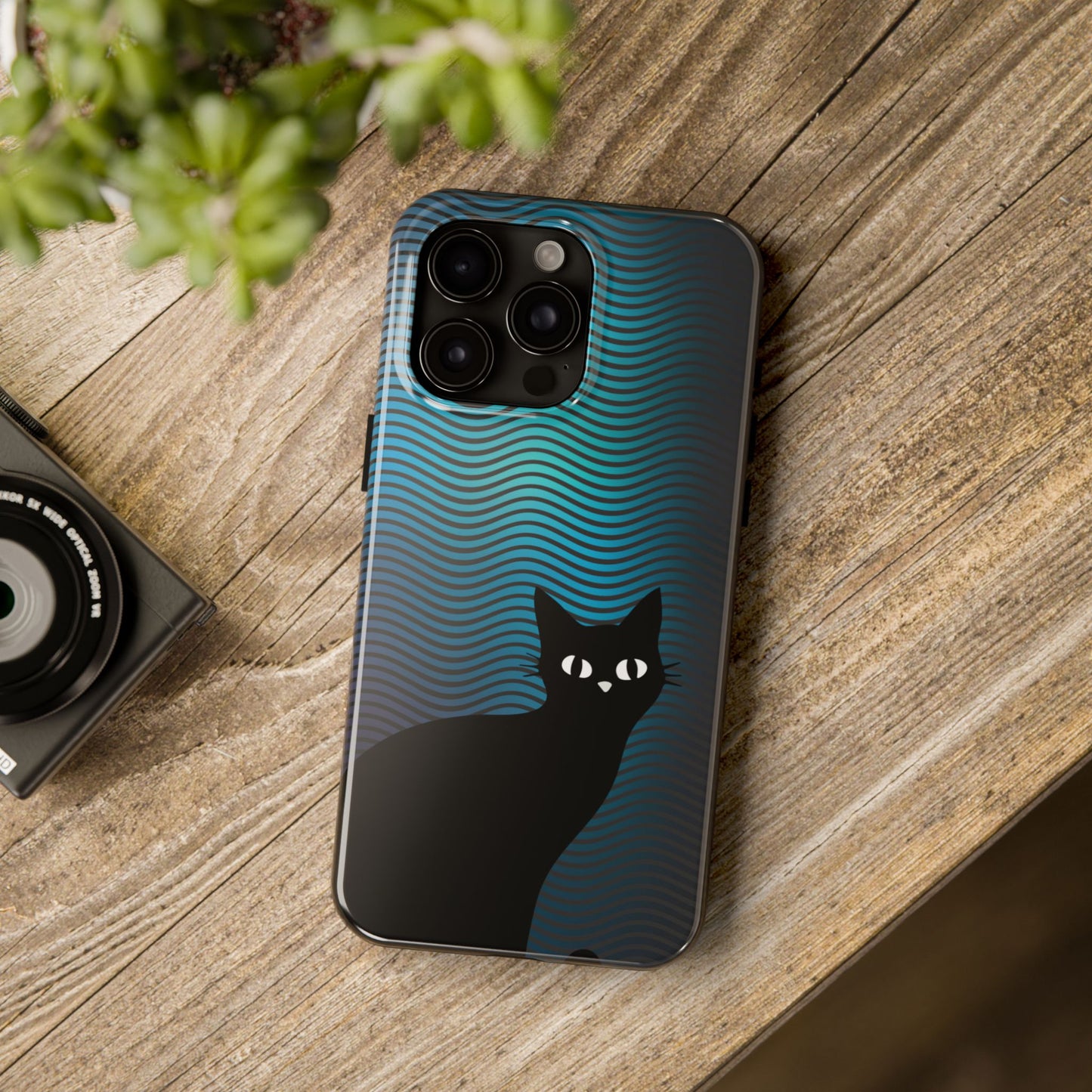 Black Cat Cell Phone Case | Peeking Kitty Graphic on Wavy Teal Background