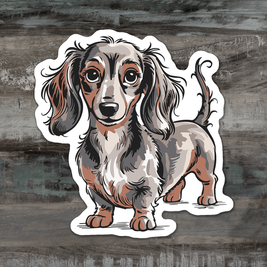 4" Long Haired Dachshund Dog Sticker - Gray & Brown Wiener Dogs Dachshunds Waterproof Vinyl Decal Stickers Long Coat Puppy