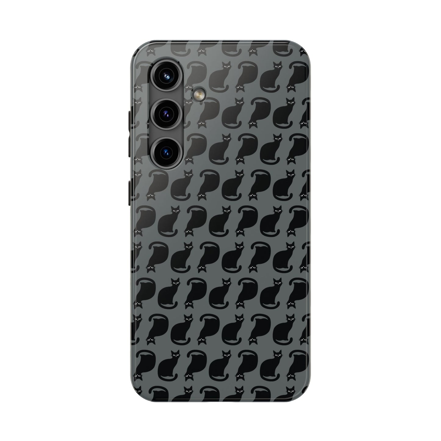 Black Cat Silhouette Pattern Cell Phone Case, Dark Gray Goth Kitty Tough Phone Case