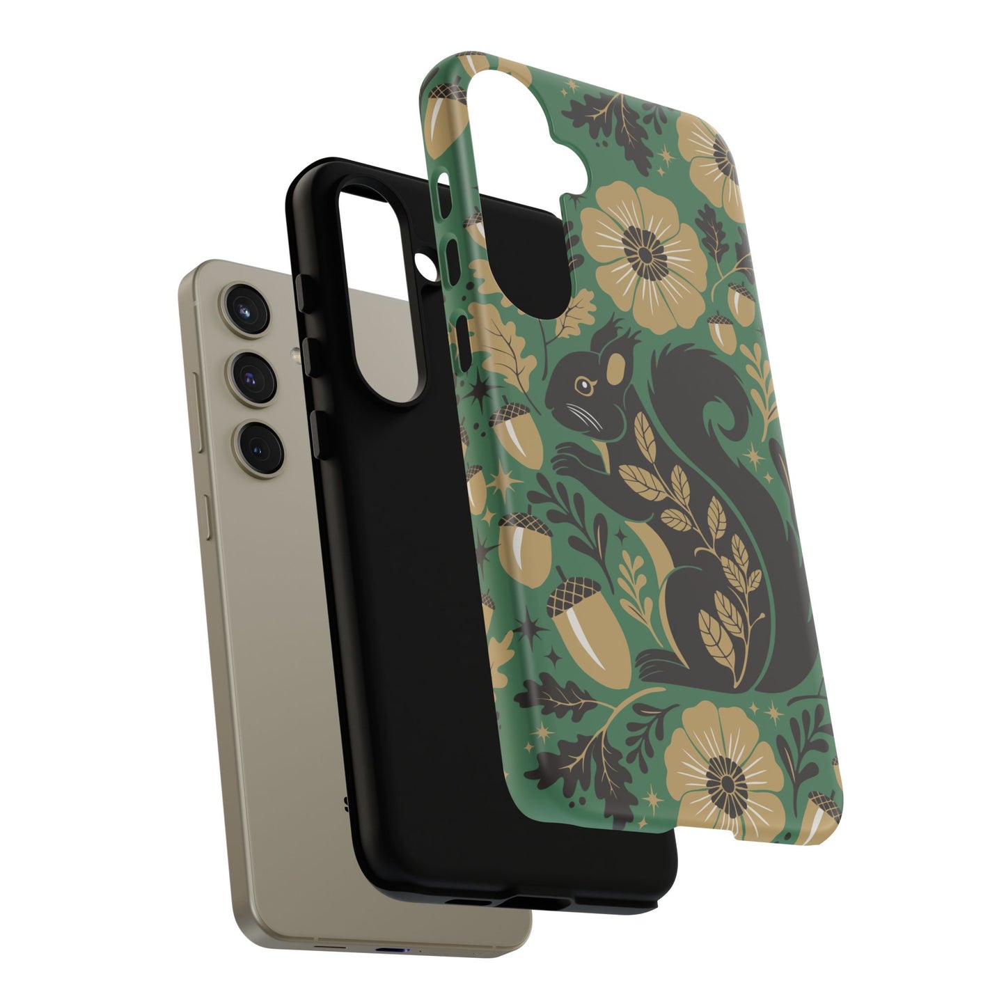 Green Squirrel Floral Pattern Cell Phone Case | Botanical Folk Art Acorn Leaves Design, Iphone Google Pixel Samsung Cases Matte Finish