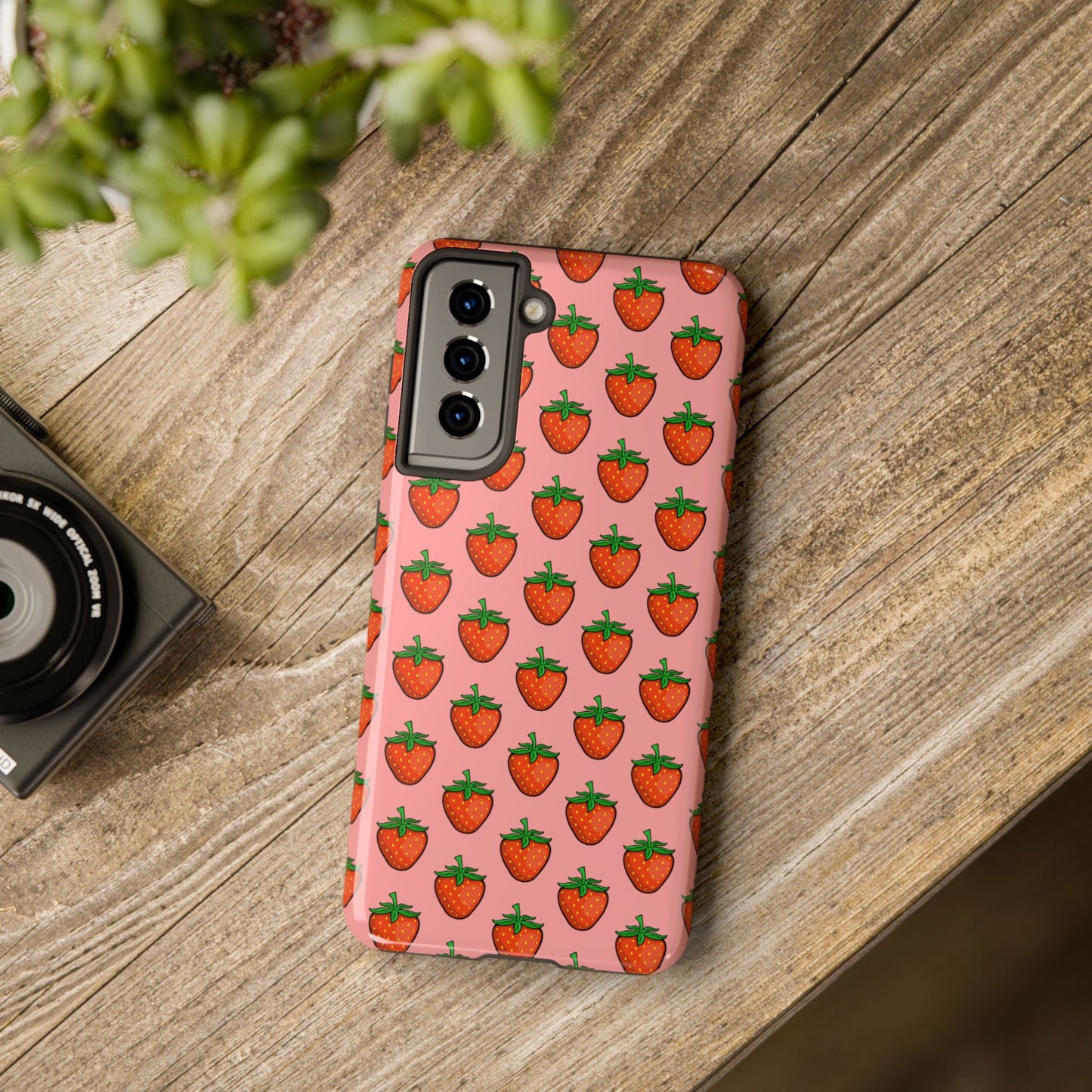 Strawberry Pattern Tough Phone Case, Cute Pink Berry Fruit Strawberries Design Cell Phone Cases