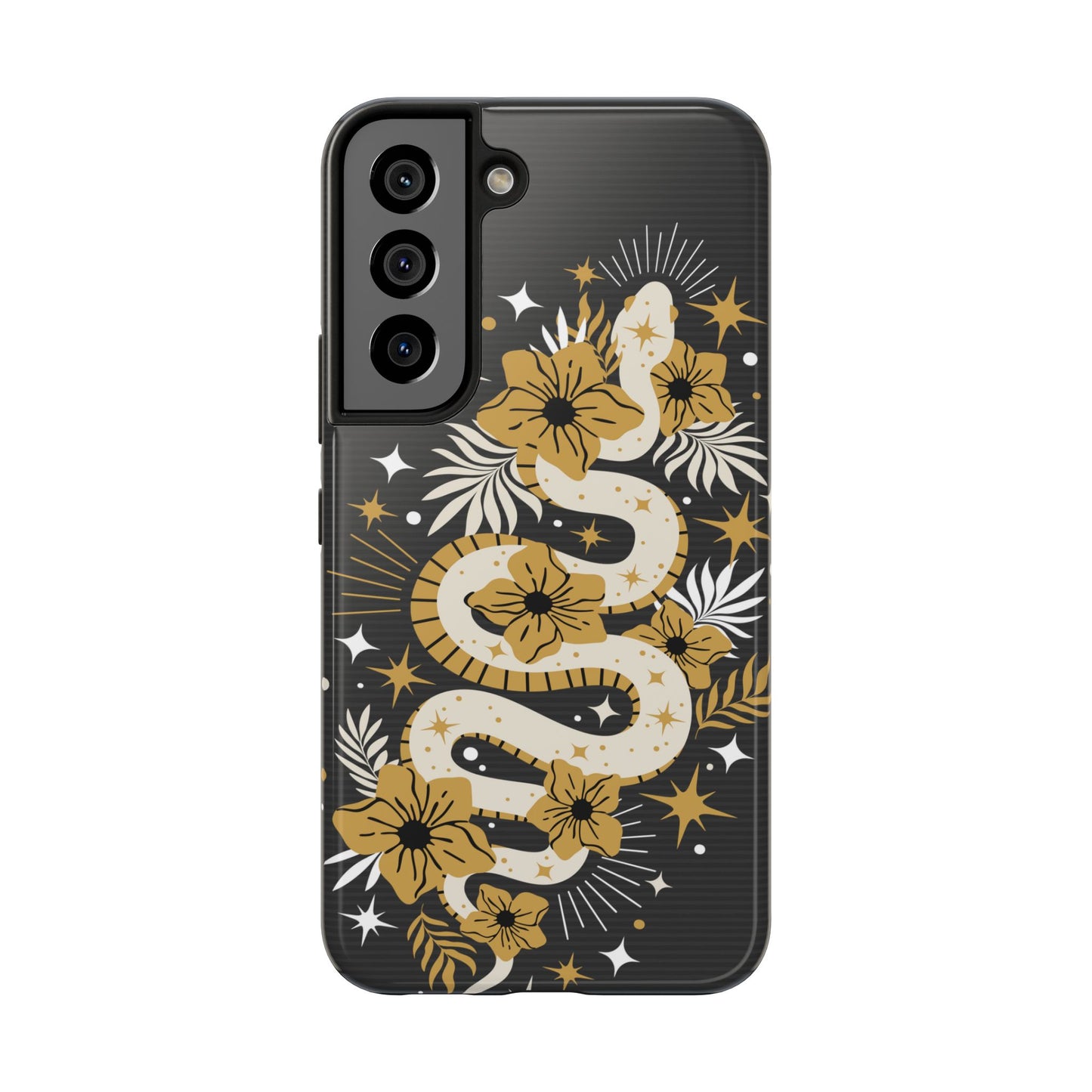 Mystic Snake Cell Phone Case, Black Tough Cases, Protective Floral Golden Serpent Boho Design