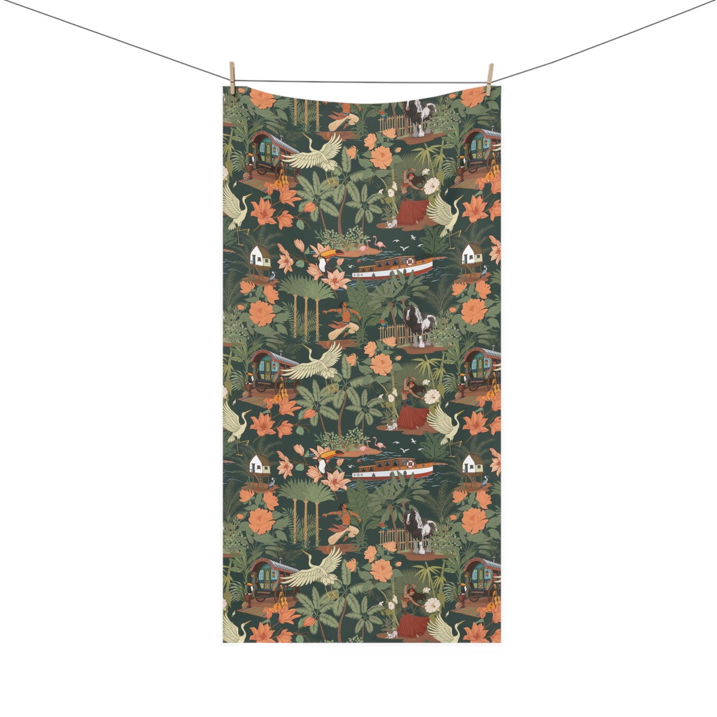 Tropical Nomad Jungle Pattern Mink-Cotton Bath Towel | Botanical Birds Beach Towels, Island Florals and Palm Leaves