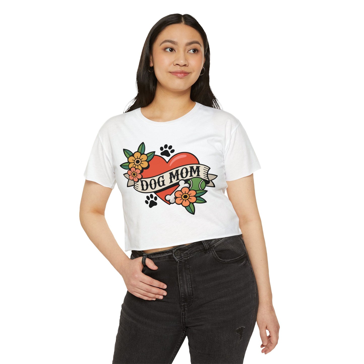 Dog Mom Heart Tattoo Crop Top | Retro Artwork Cropped T-shirt Floral Dogs Paw Print Design, Childless Dog Lady Pet Owner Tattoos Tee