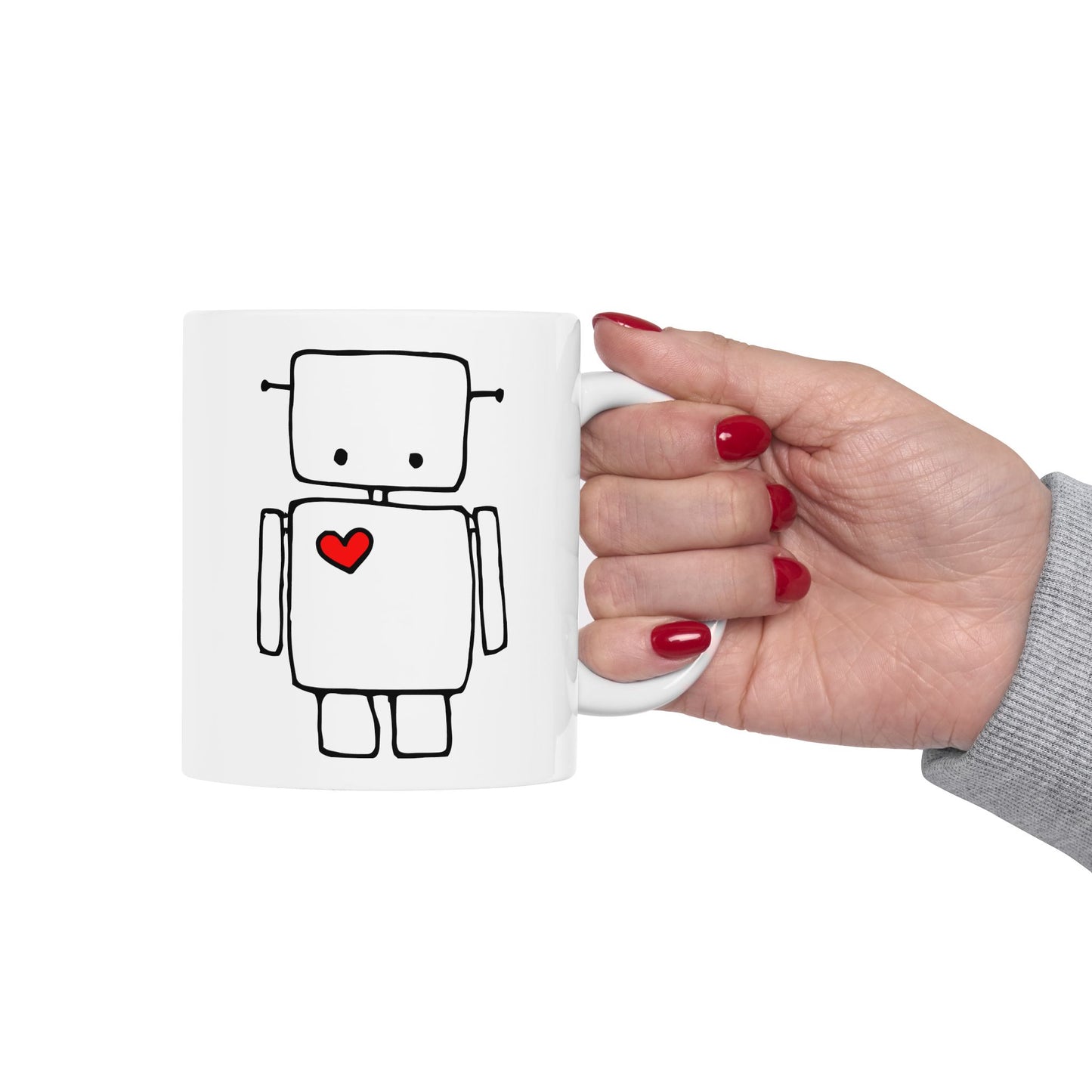 Robot with Red Heart White Ceramic Coffee Tea Mug 11 Oz with Cute Robots Design Drinkware Kitchen Gifts