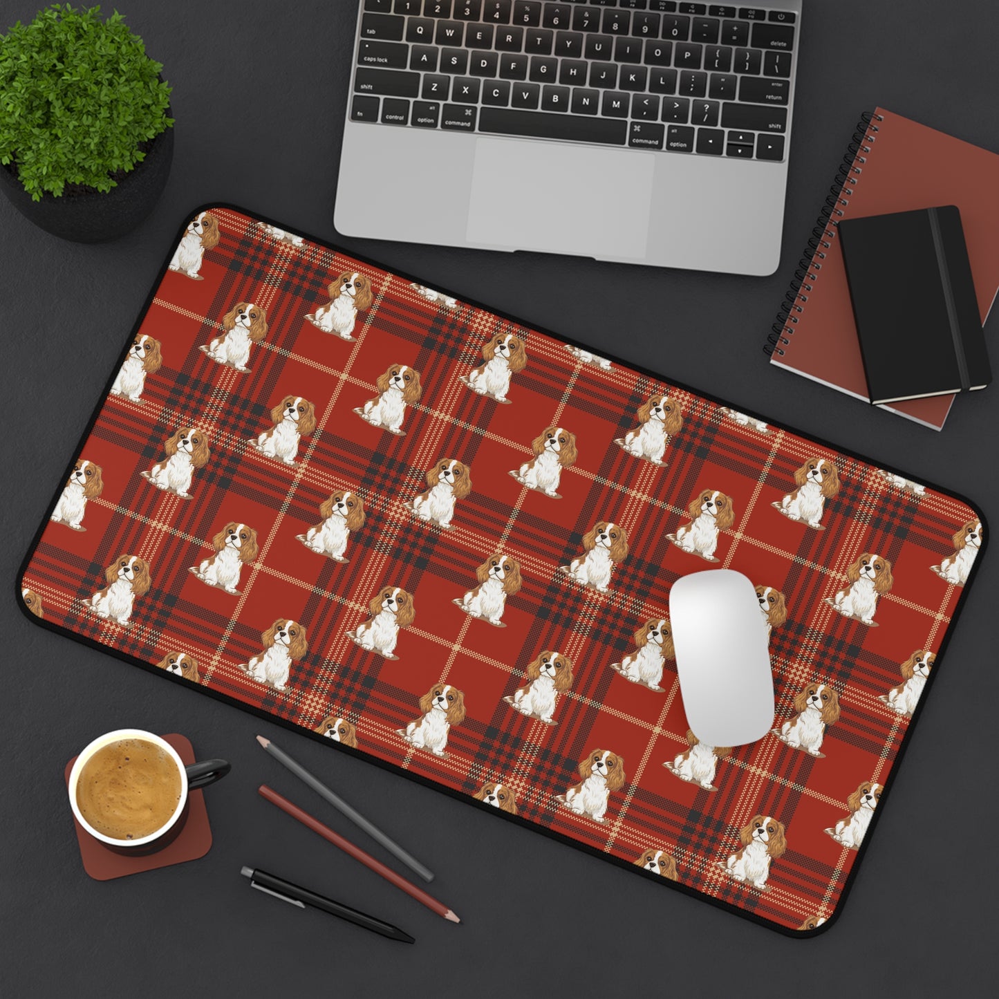 Blenheim Cavalier King Charles Spaniel Dogs Pattern Desk Mat | Red Tartan Plaid Puppy Mouse Pad Surface