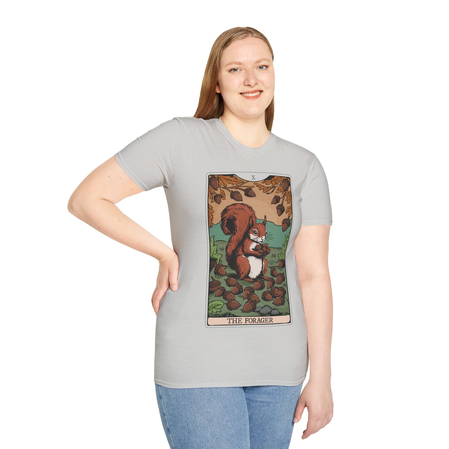 The Forager Squirrel Tarot Card T-shirt Softstyle Graphic Tee with Nut Foraging Squirrels Tarot Card Print