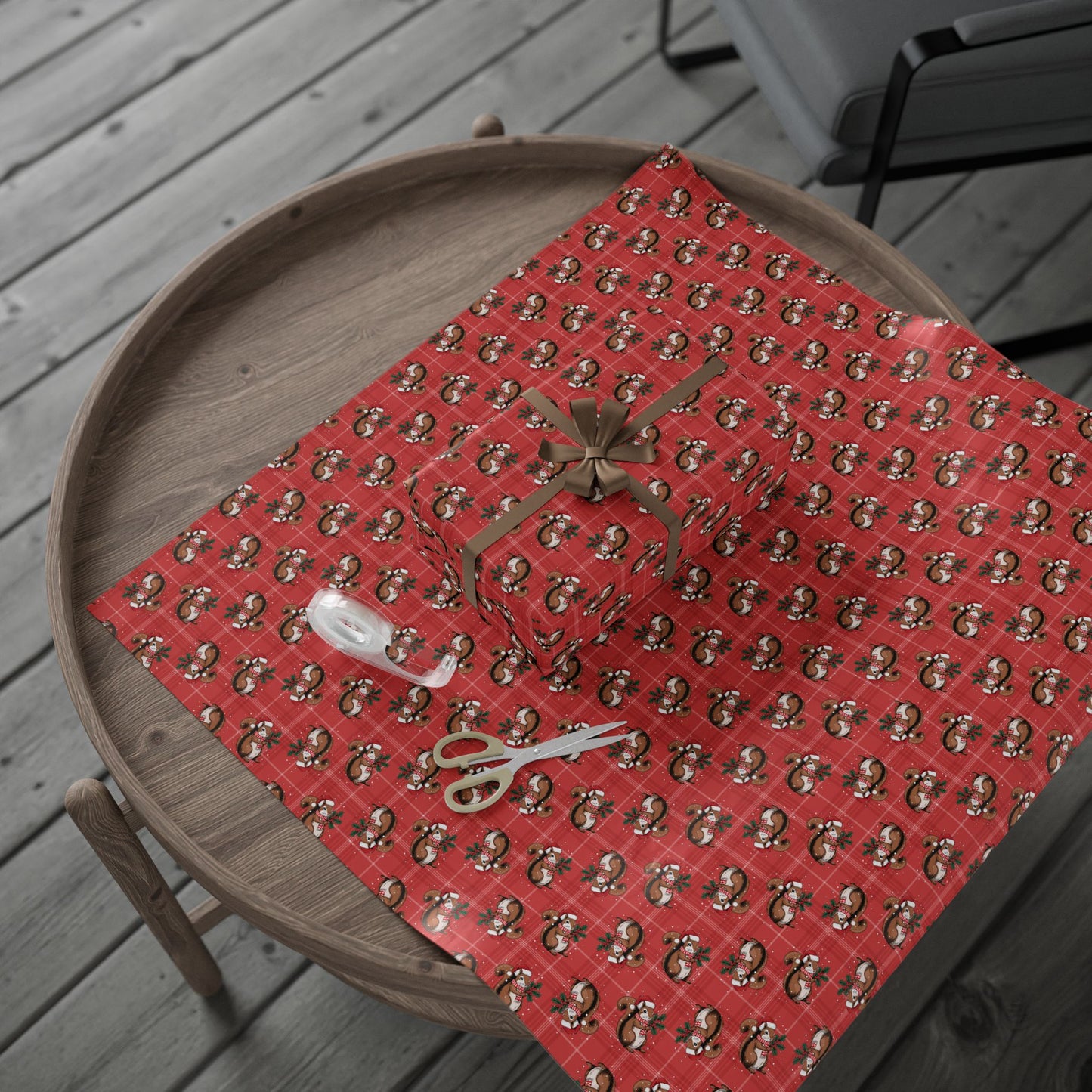 Christmas Squirrel Wrapping Paper, Red Plaid Glossy Holiday Gift Wrap Roll, Xmas Squirrels Festive Winter Gifts Supplies