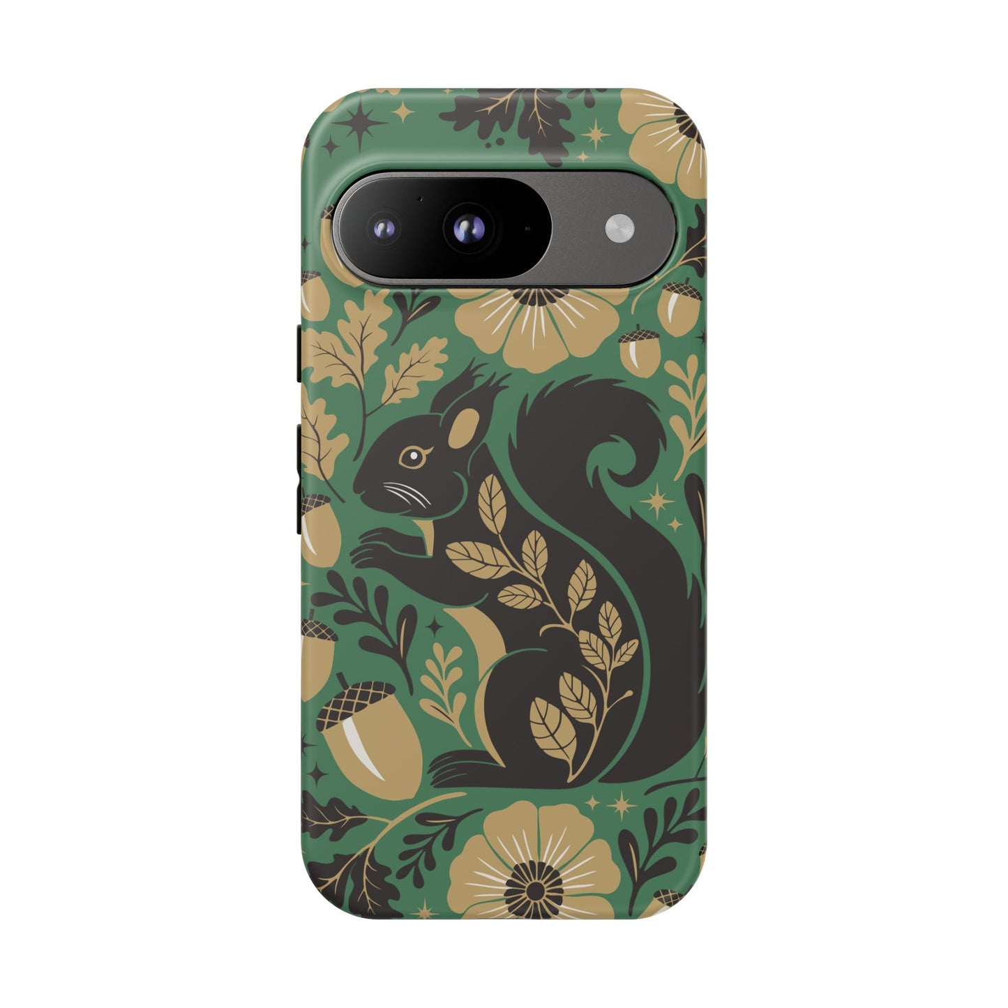 Green Squirrel Floral Pattern Cell Phone Case | Botanical Folk Art Acorn Leaves Design, Iphone Google Pixel Samsung Cases Matte Finish