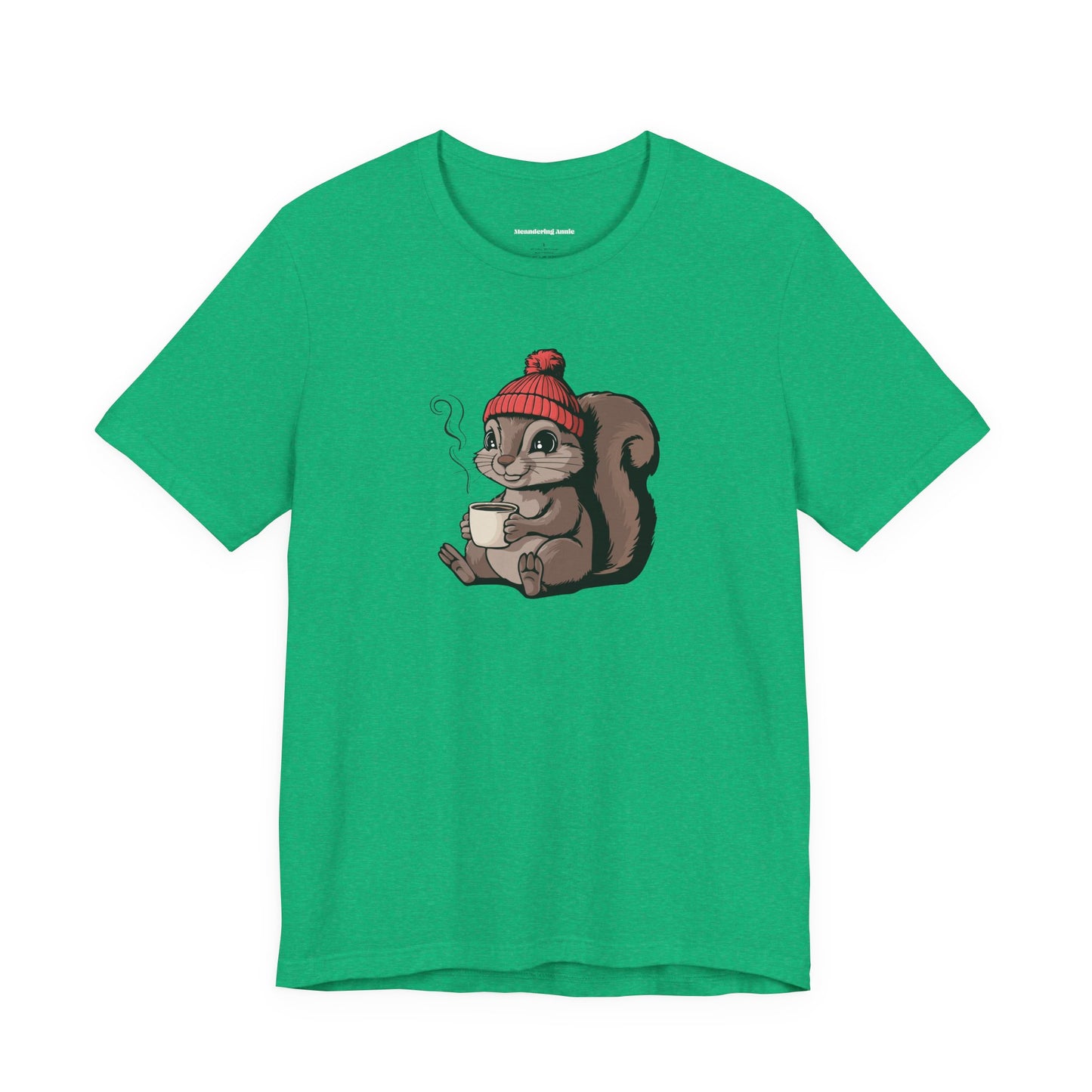 Cozy Squirrel with Coffee T-Shirt | Cute Fall Squirrels Woodland Animal Tee, Short Sleeve Graphic Print Shirts