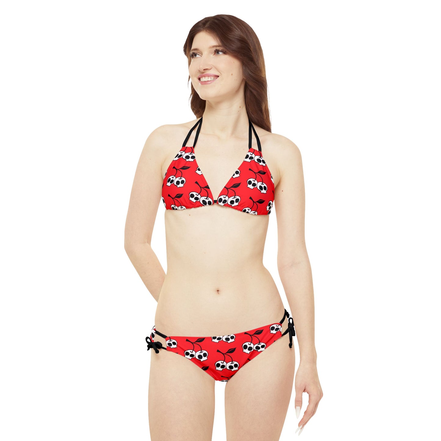 Cherry Skulls Red Strappy Bikini Set - 2 Piece Swimsuit Top & Bottom with Cherries Skull Print Women's Swimwear