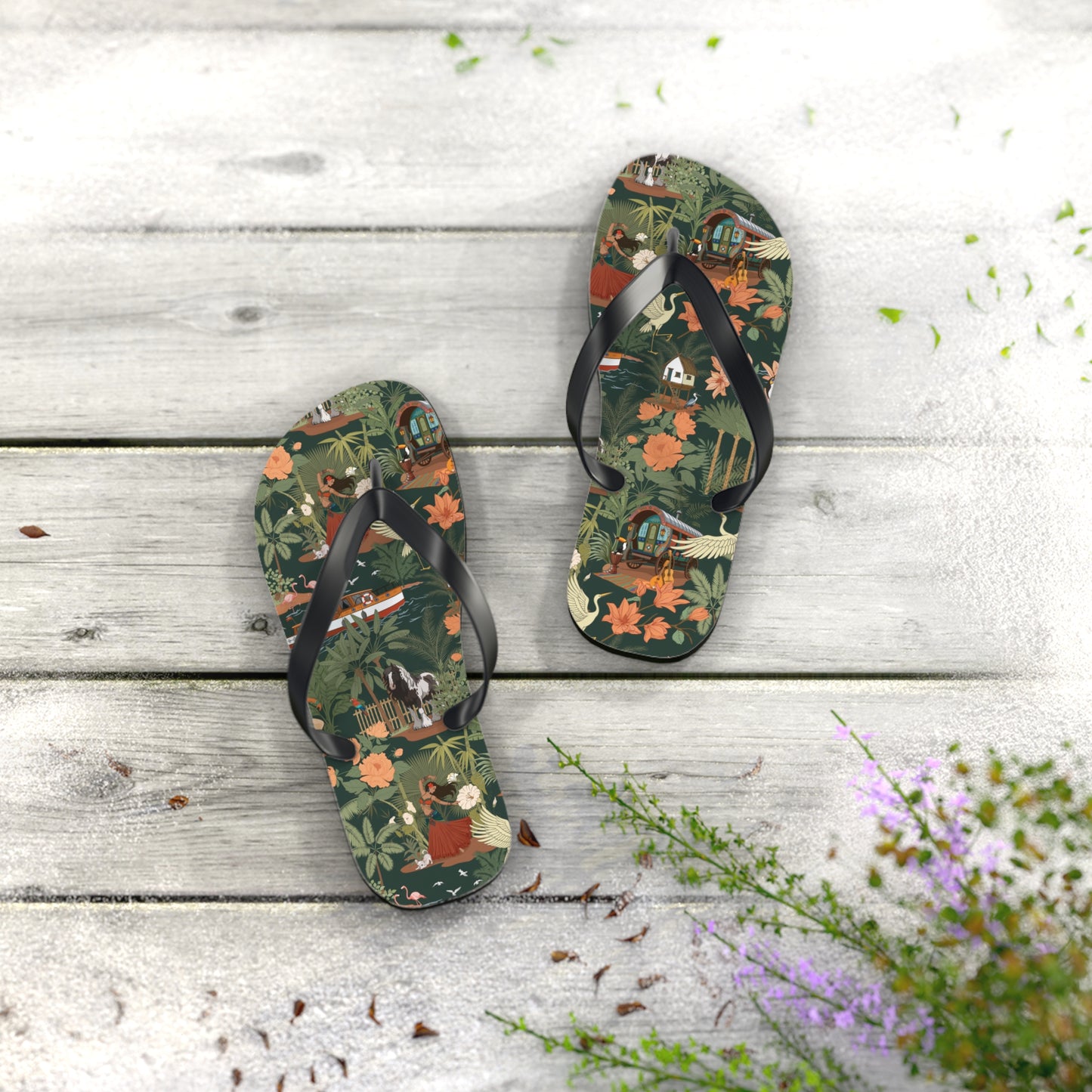 Tropical Nomad Floral Island Flip Flops | Vintage Travel Birds Pattern Sandals