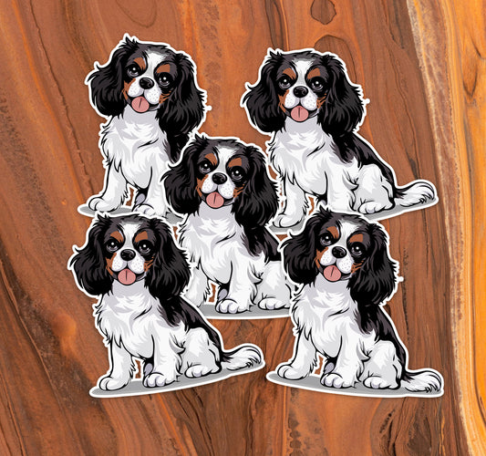 2" Tricolor Cavalier King Charles Spaniel Dog Stickers 5 and 10 Pack - Black, Brown, & White Cavaliers Dogs Vinyl Sticker Waterproof Decal